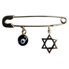 14K Yellow Gold Star of David and Evil Eye Pin #25465