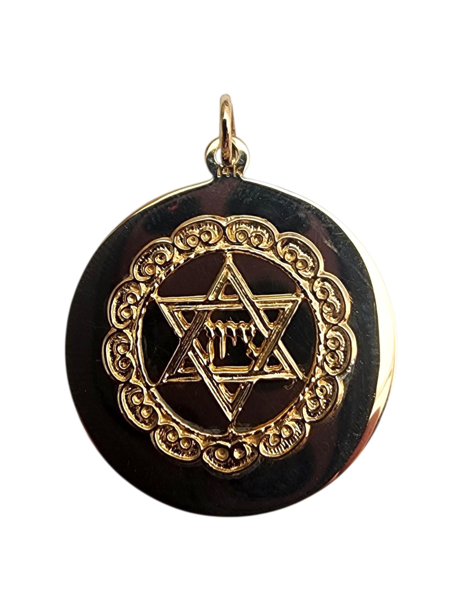 14K Yellow Gold Star of David Circular Charm Pendant #22863 For Sale