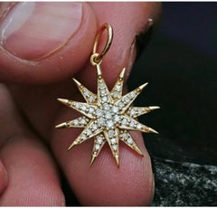 Genuine Diamond Starburst Pendant Necklace Unisex in 14k Yellow Gold