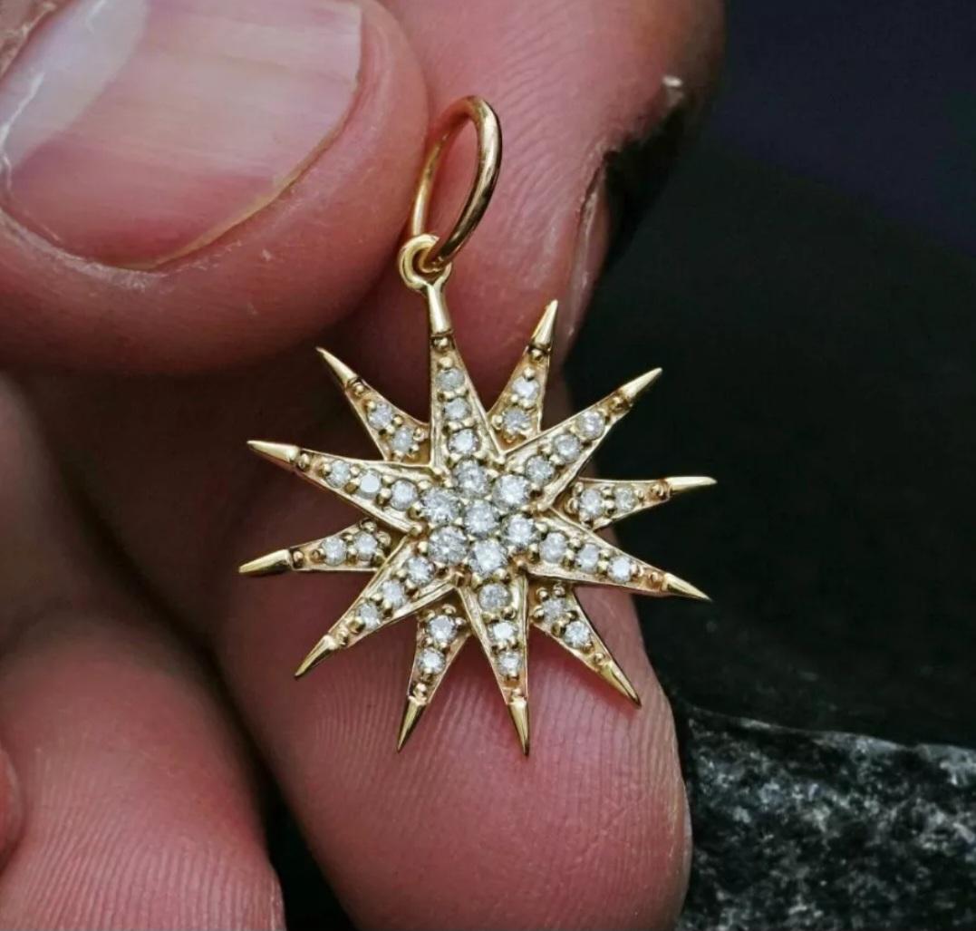 14k Yellow Gold Starburst Pendant Genuine Diamond Star Necklace Unisex Charm . For Sale 5