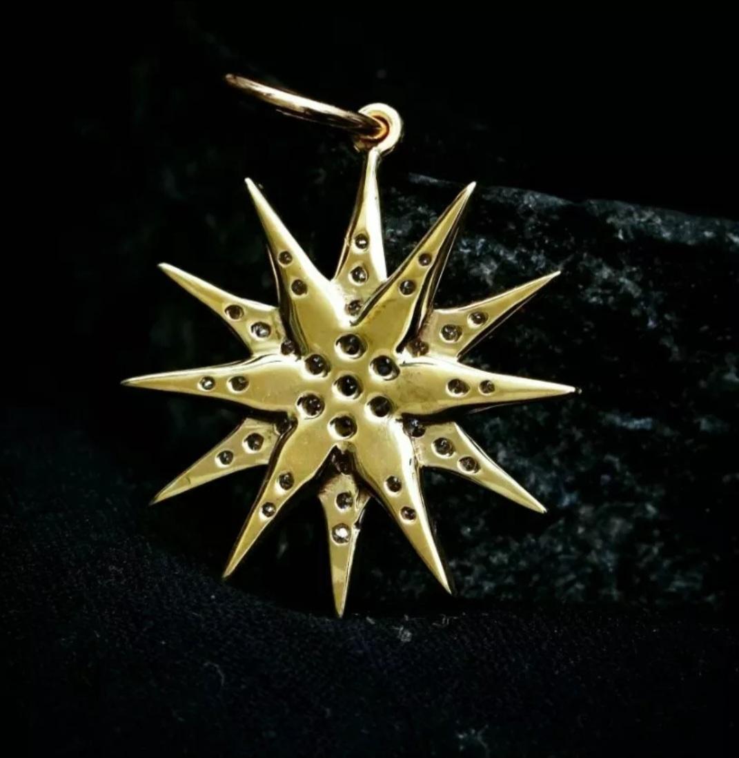 14k Yellow Gold Starburst Pendant Genuine Diamond Star Necklace Unisex Charm . For Sale 6