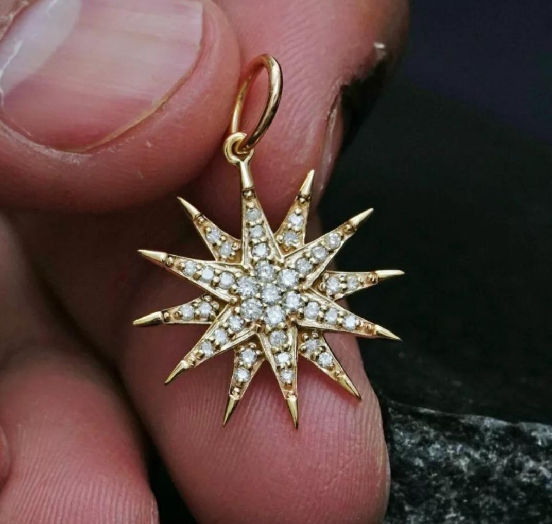 Round Cut 14k Yellow Gold Starburst Pendant Genuine Diamond Star Necklace Unisex Charm . For Sale