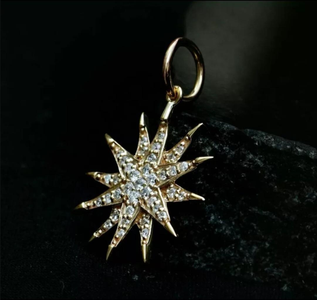 14k Yellow Gold Starburst Pendant Genuine Diamond Star Necklace Unisex Charm . For Sale 3