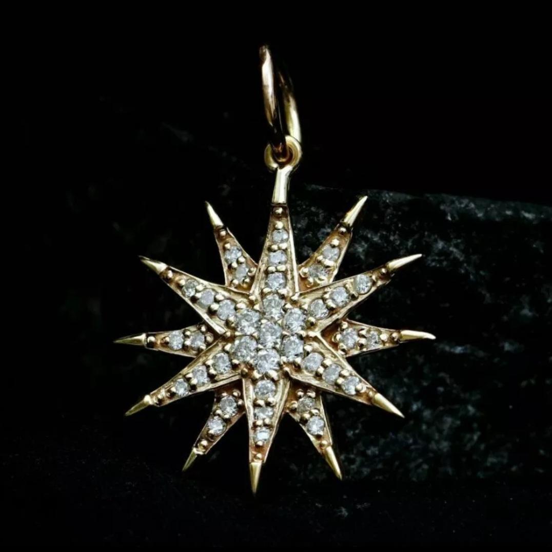 14k Yellow Gold Starburst Pendant Genuine Diamond Star Necklace Unisex Charm . For Sale 4