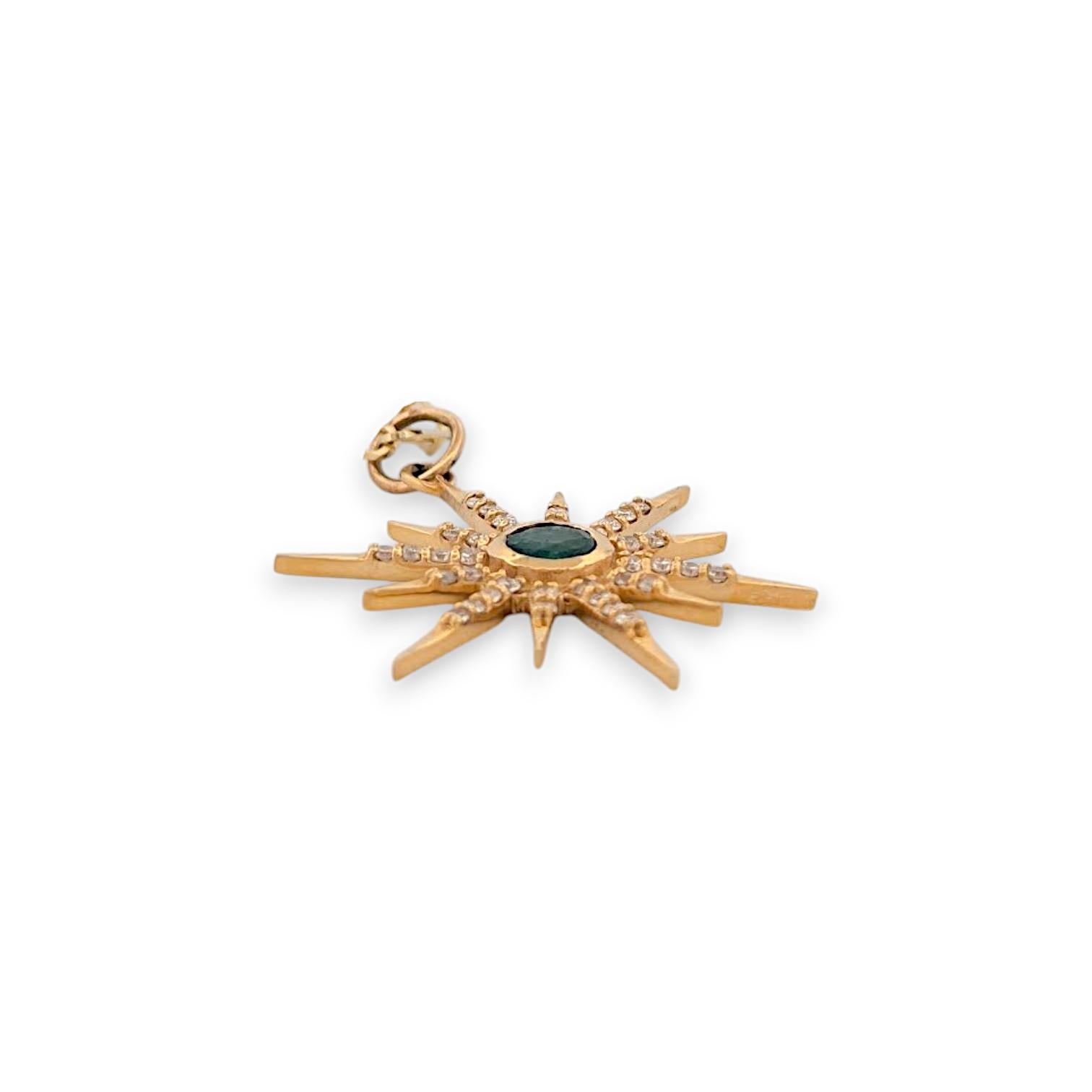 Art Deco 14K Yellow Gold Starburst Pendant Necklace  .25 CT Natural Round Emerald For Sale
