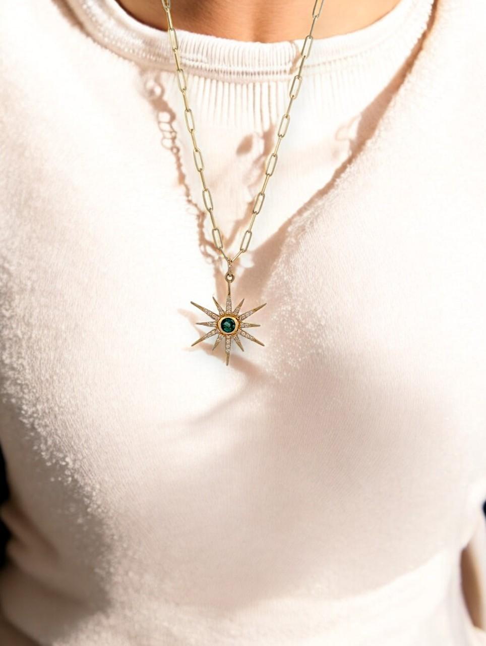 14K Yellow Gold Starburst Pendant Necklace  .25 CT Natural Round Emerald For Sale 1