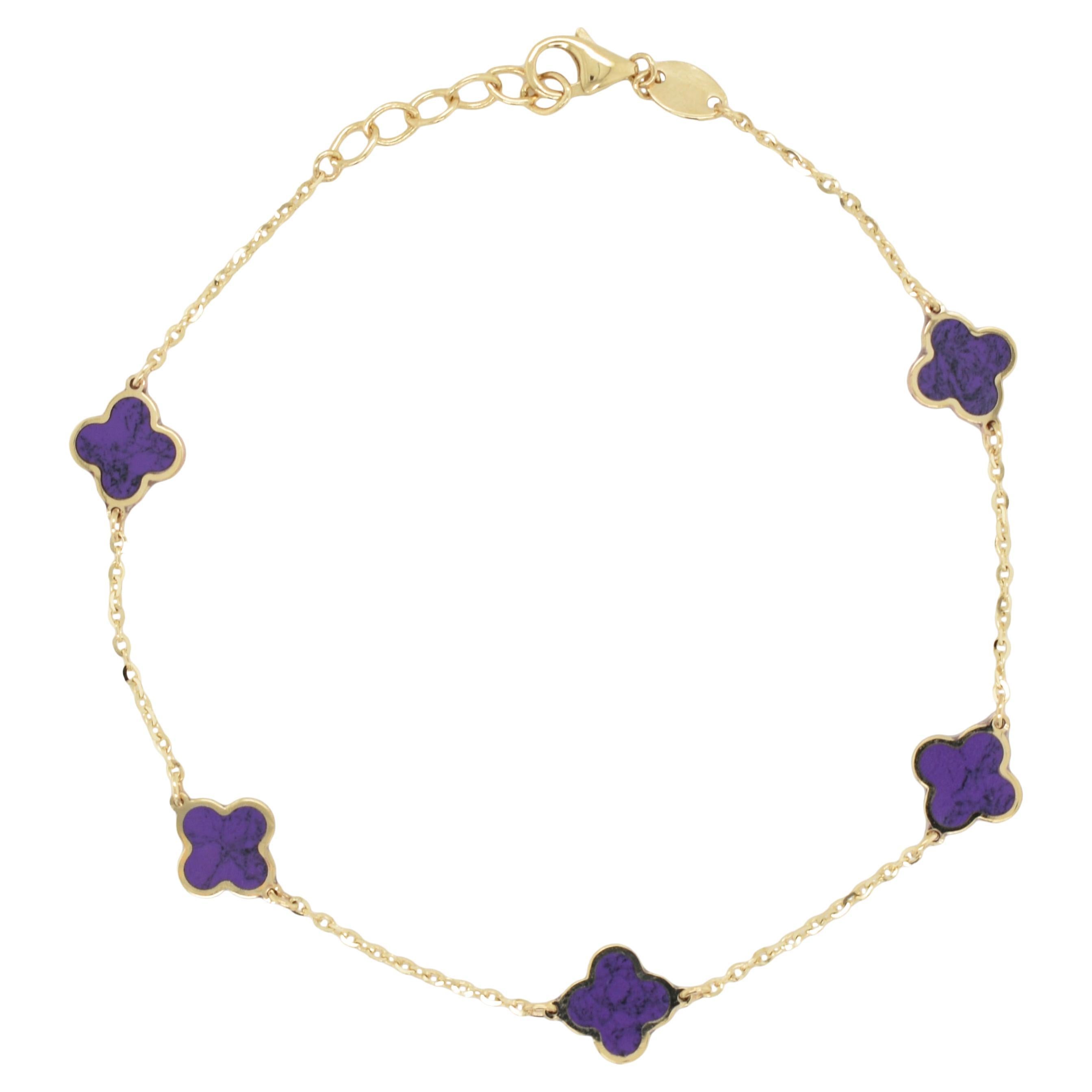 14K Yellow Gold Station Clover Bracelet in Amethyst For Sale