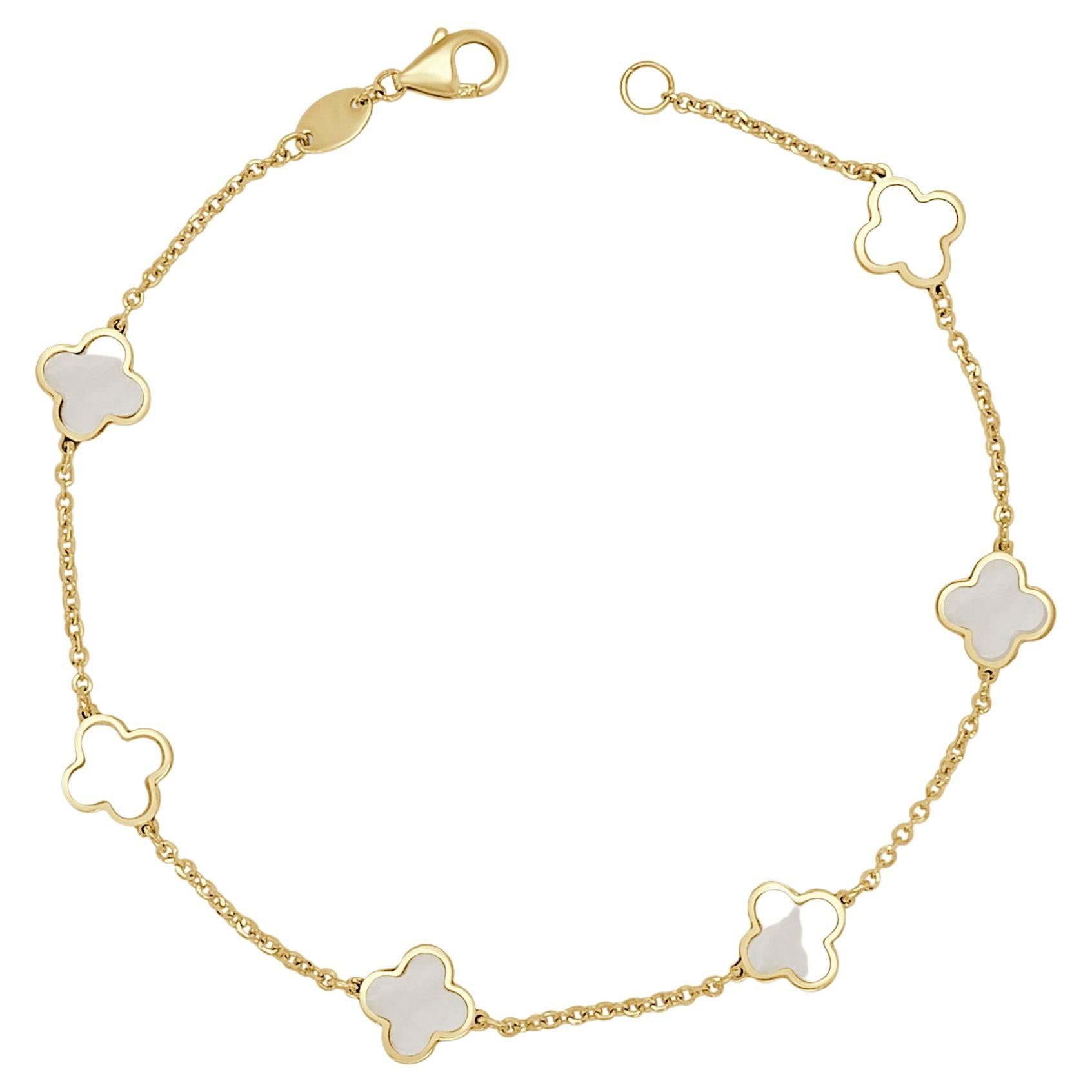 14K Yellow Gold Station Clover Bracelet in Mother of Pearl For Sale