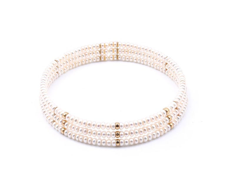 14 Karat Yellow Gold Station Pearl Necklace For Sale at 1stDibs
