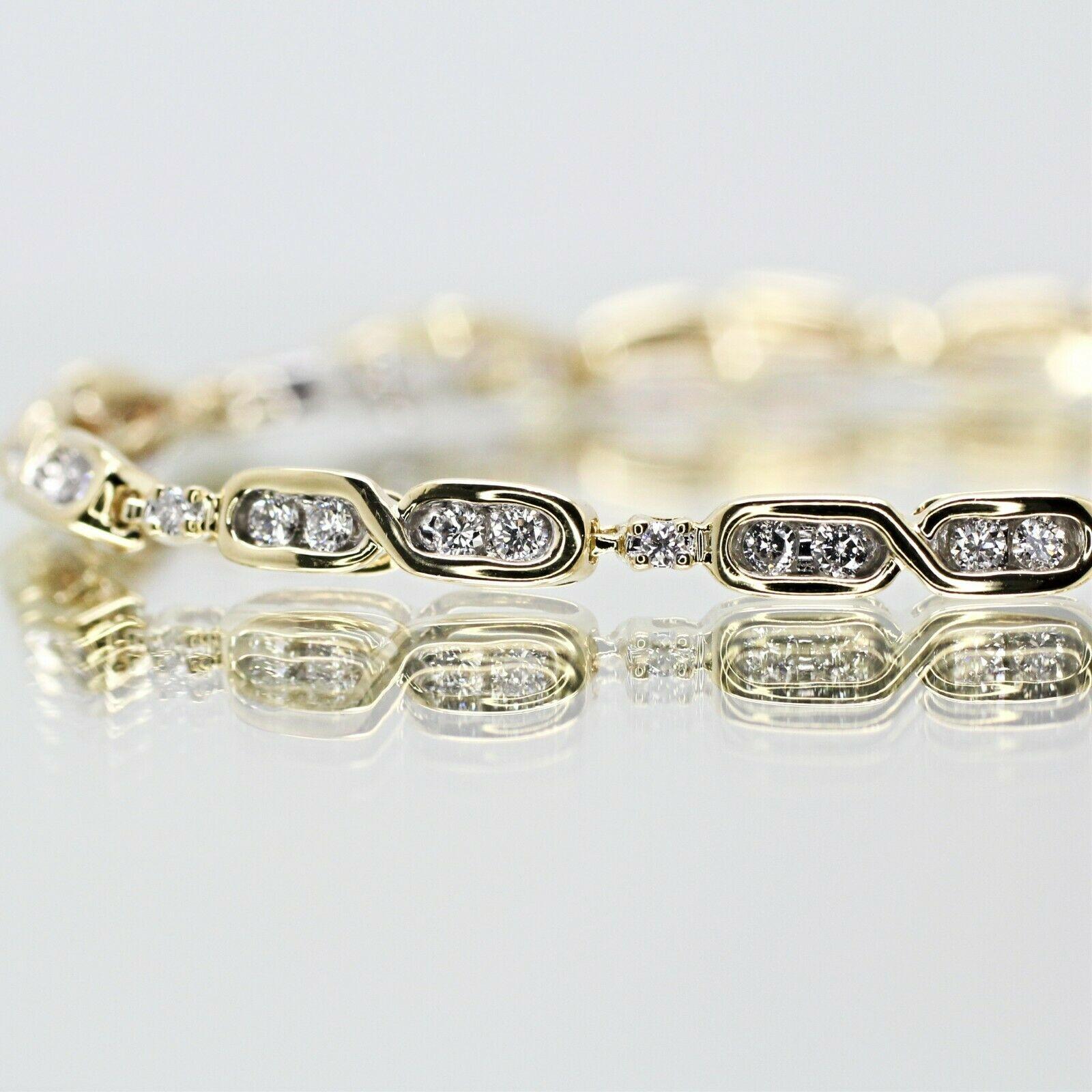   This is very beautiful 14K yellow gold station tennis bracelet with 67 pieces round cut diamonds in approximately 1.15 carat total weight, H color and SI2 in clarity.
Specifications:
    main stone: ROUND CUT DIAMONDS
    diamonds: 67 PCS
   