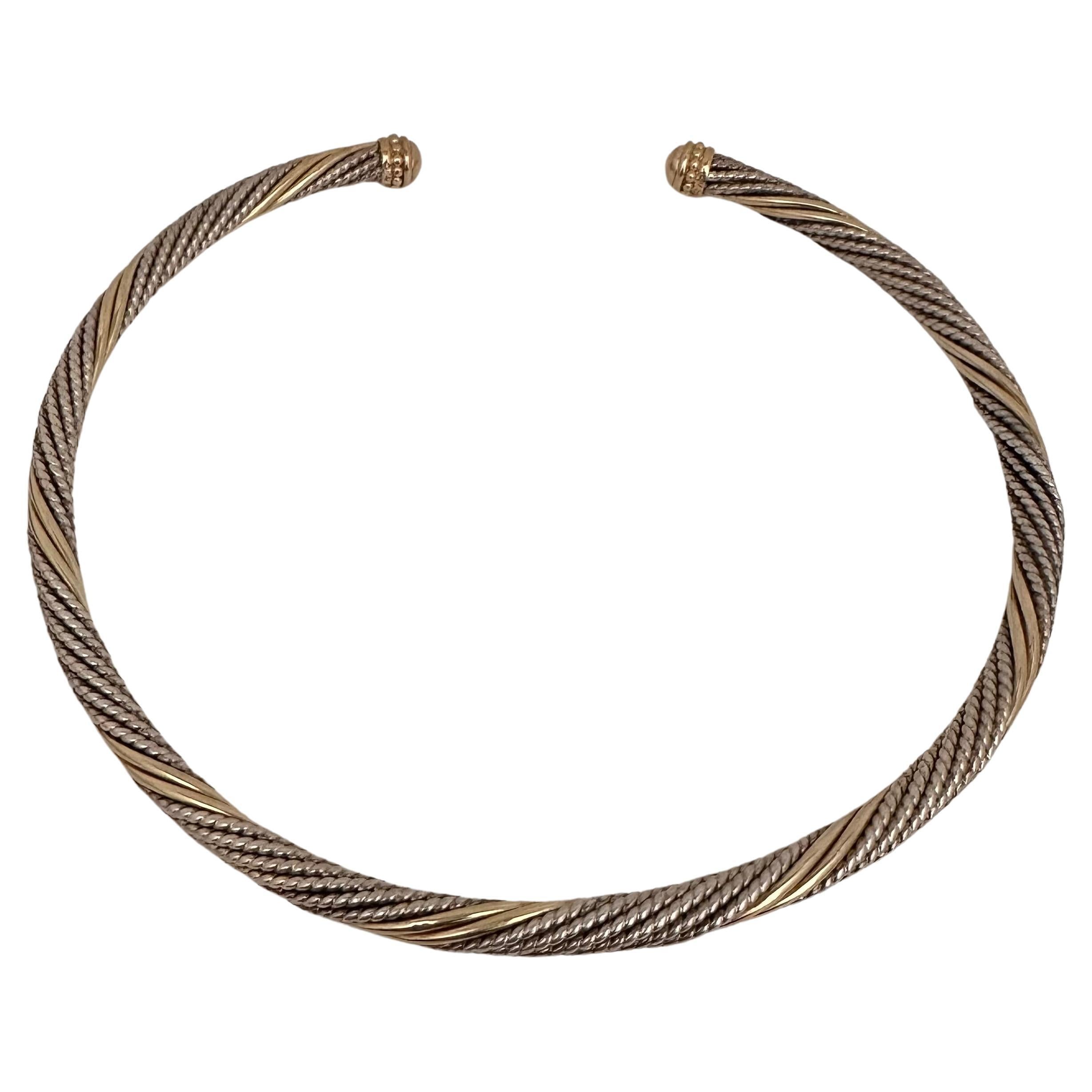 14k Yellow Gold & Sterling Silver .925 Two Tone 6.5mm Round Cable 16" Choker For Sale