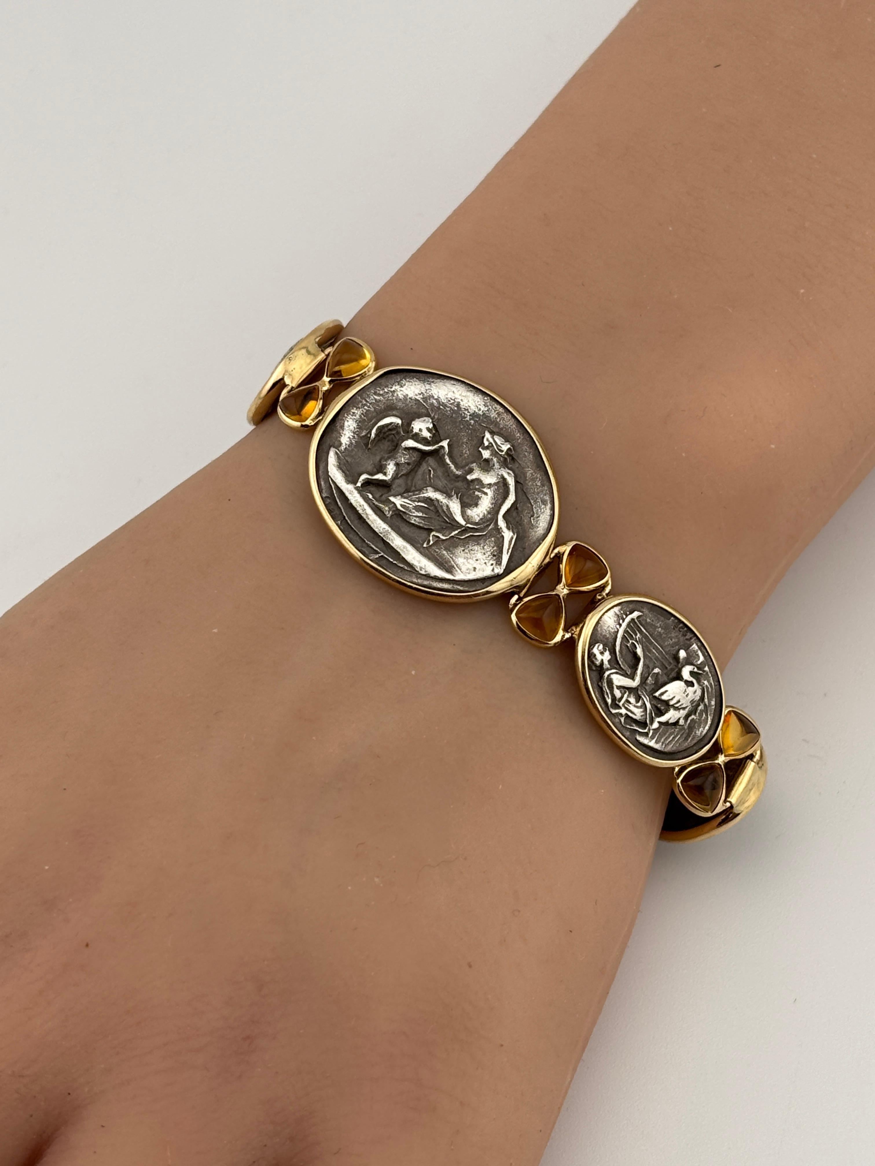 14k Yellow Gold & Sterling Silver Citrine Bracelet Ancient Greek Aphrodite Motif For Sale 6
