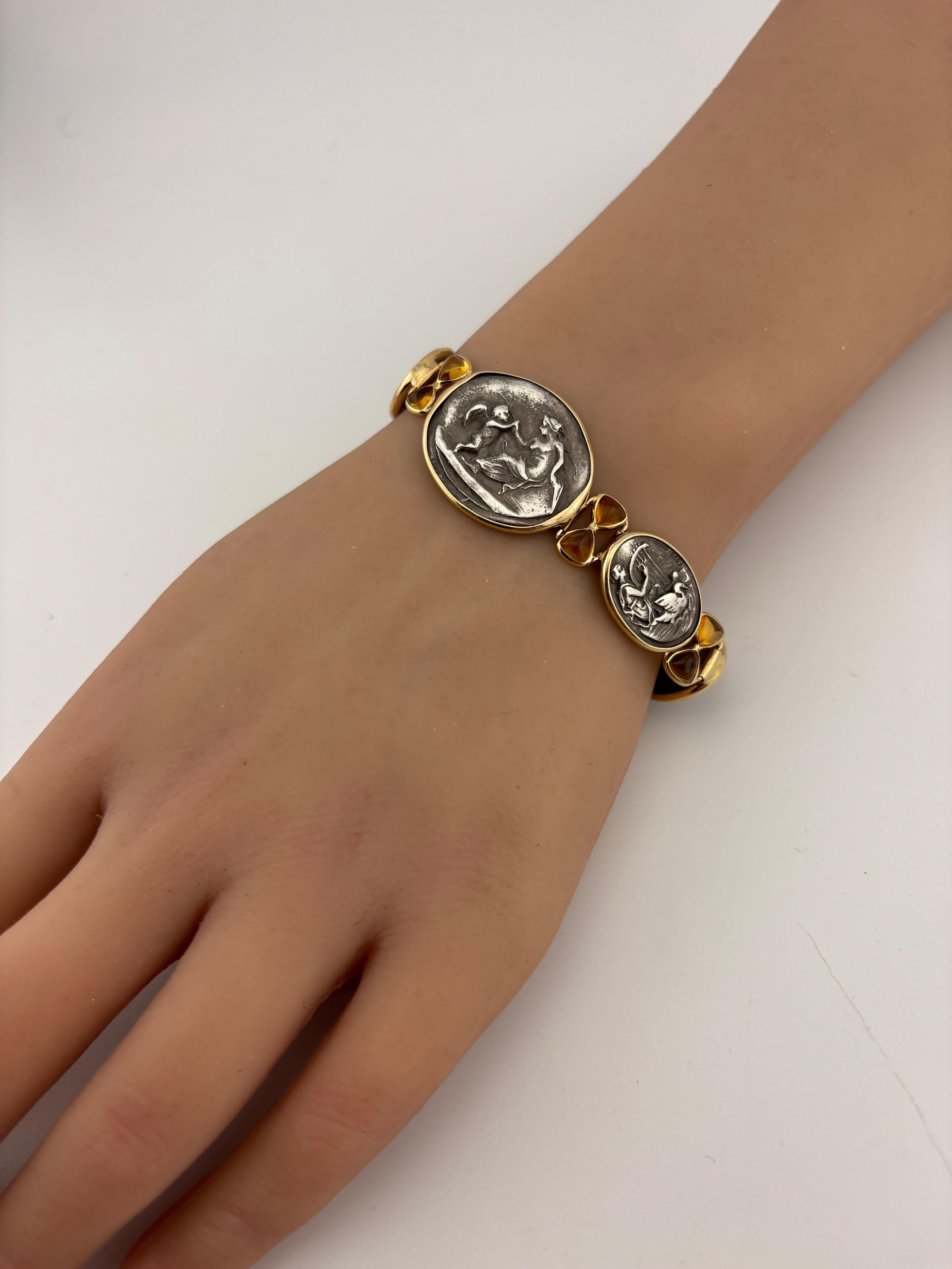 14k Yellow Gold & Sterling Silver Citrine Bracelet Ancient Greek Aphrodite Motif For Sale 7