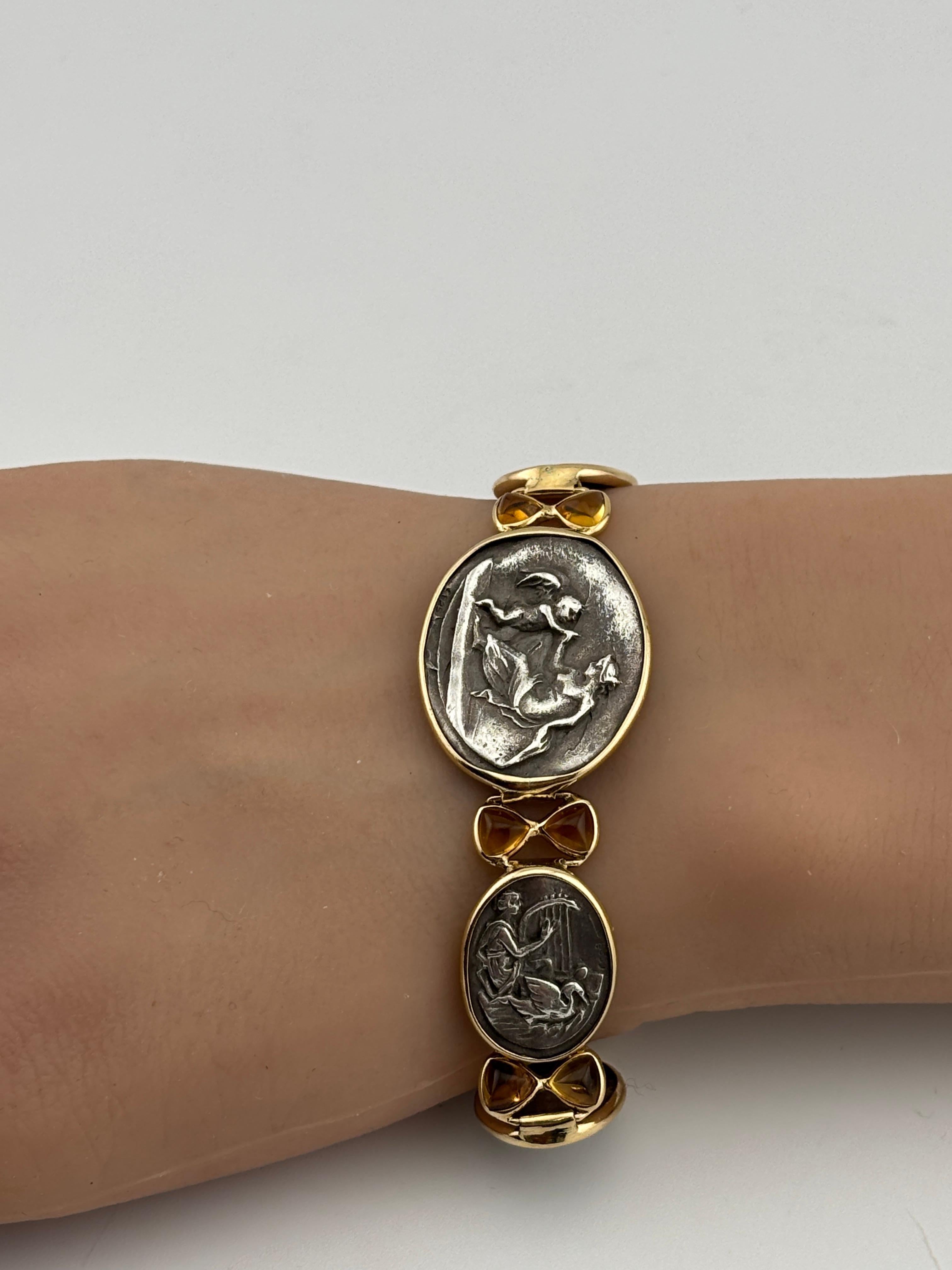 14k Yellow Gold & Sterling Silver Citrine Bracelet Ancient Greek Aphrodite Motif For Sale 8