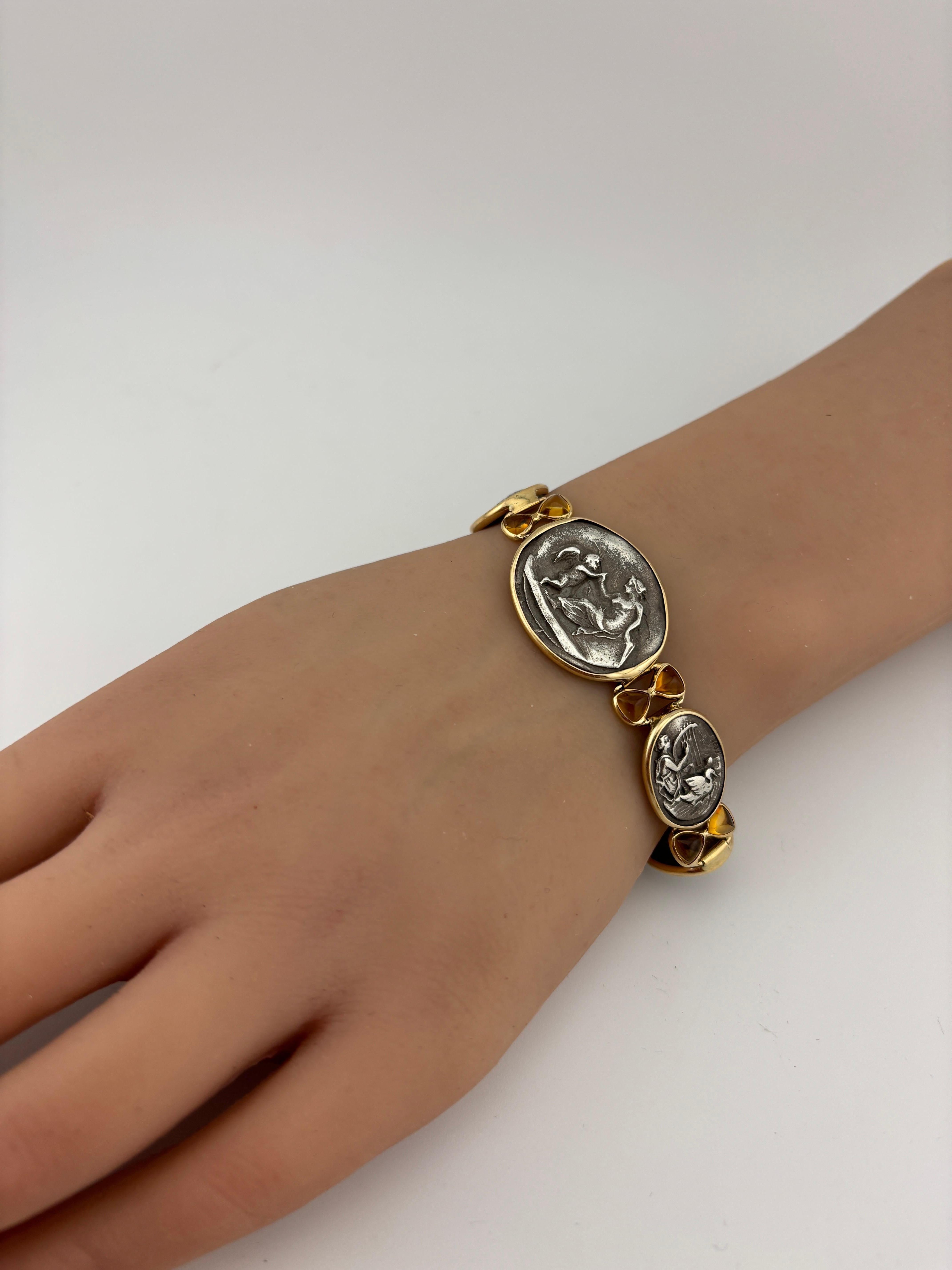 14k Yellow Gold & Sterling Silver Citrine Bracelet Ancient Greek Aphrodite Motif For Sale 9