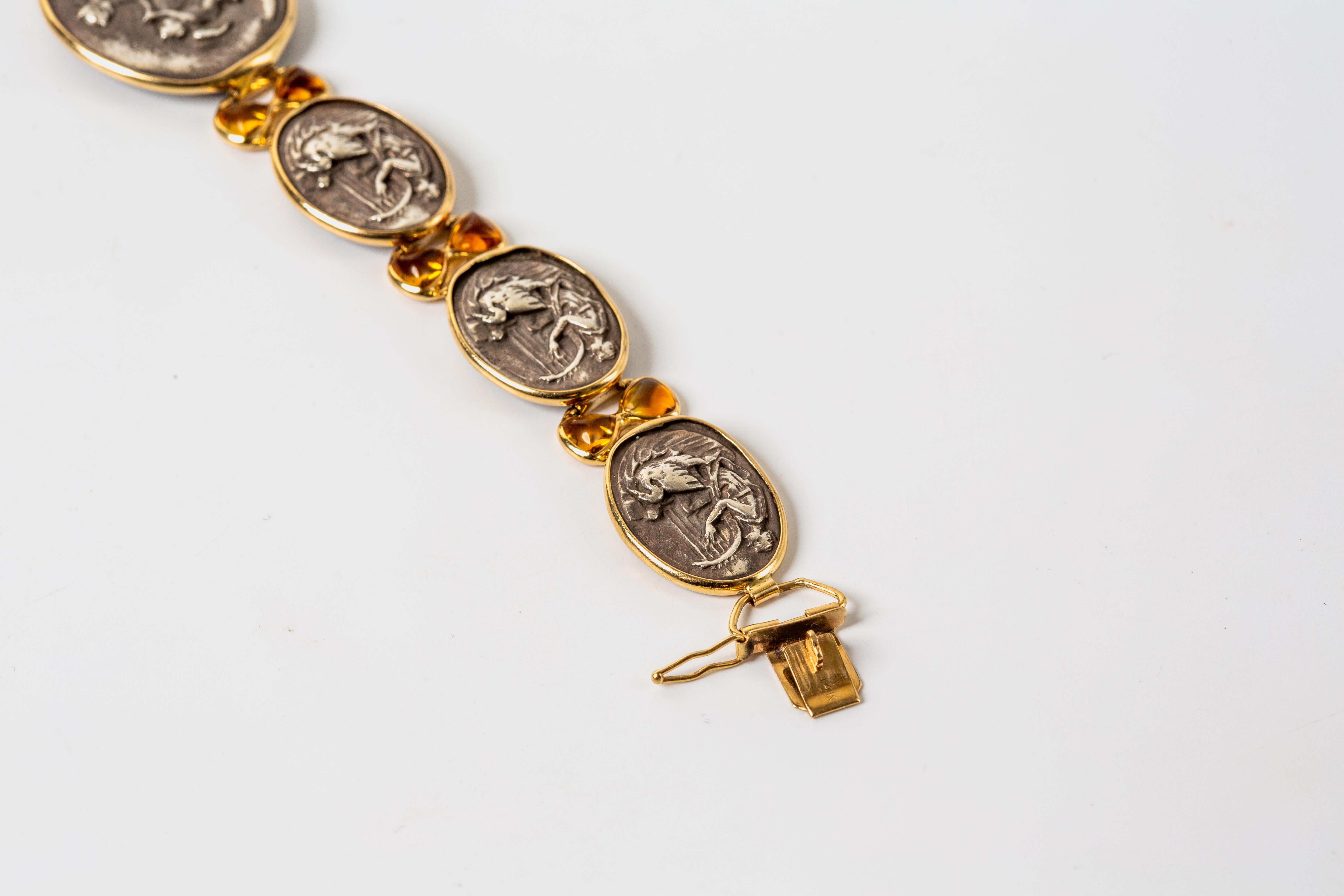Cabochon 14k Yellow Gold & Sterling Silver Citrine Bracelet Ancient Greek Aphrodite Motif For Sale