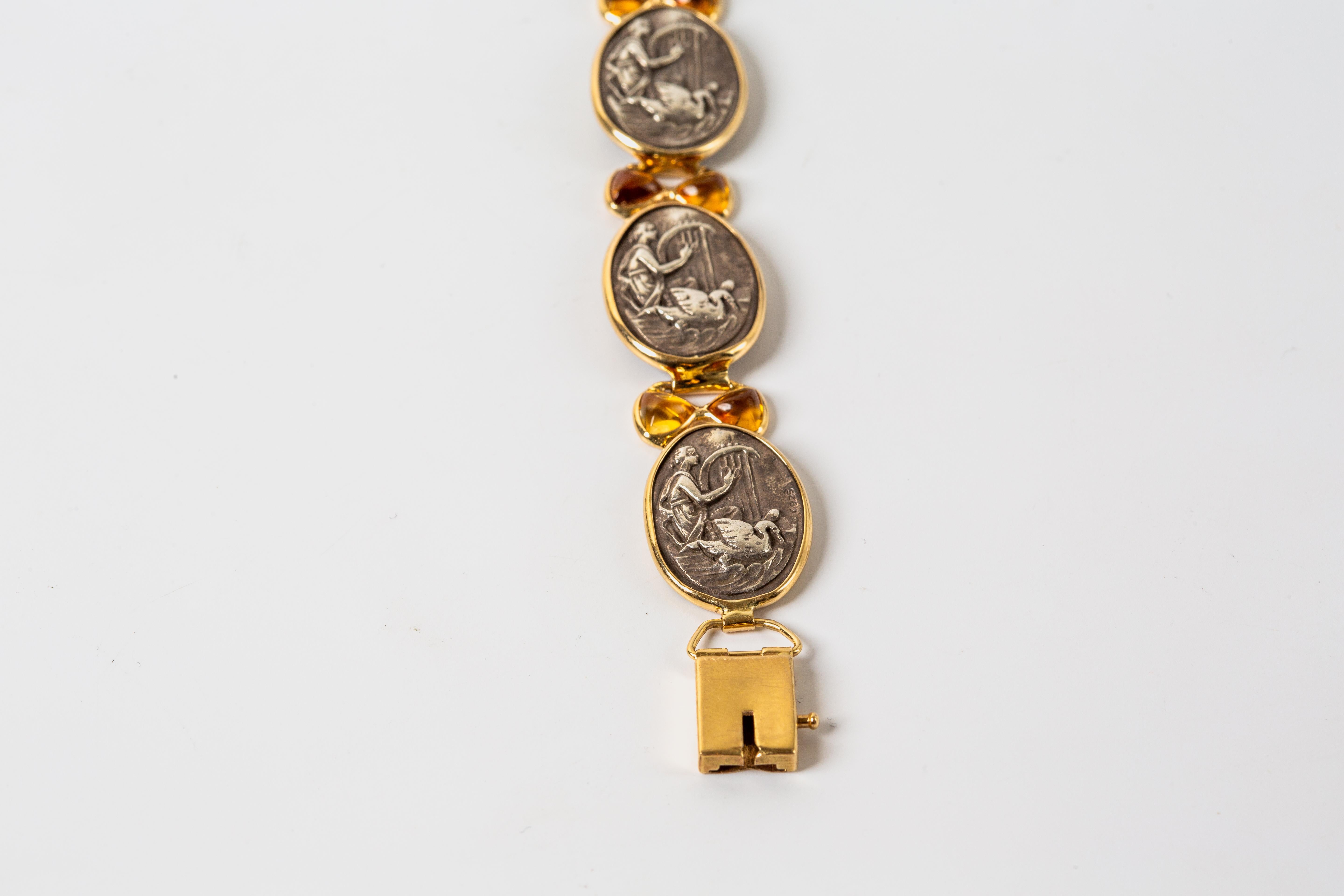 14k Yellow Gold & Sterling Silver Citrine Bracelet Ancient Greek Aphrodite Motif In Good Condition For Sale In Bernardsville, NJ