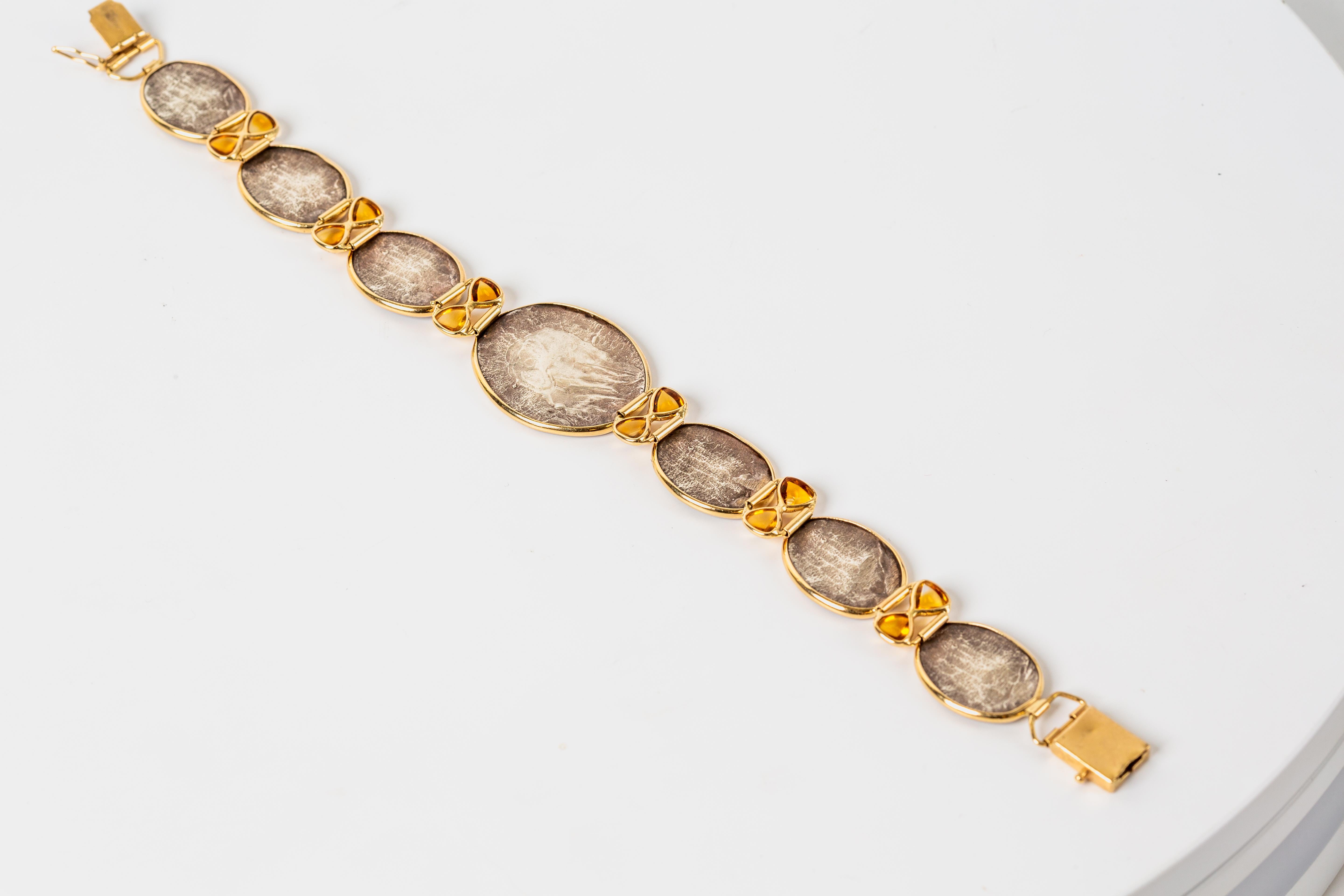 14k Yellow Gold & Sterling Silver Citrine Bracelet Ancient Greek Aphrodite Motif For Sale 1