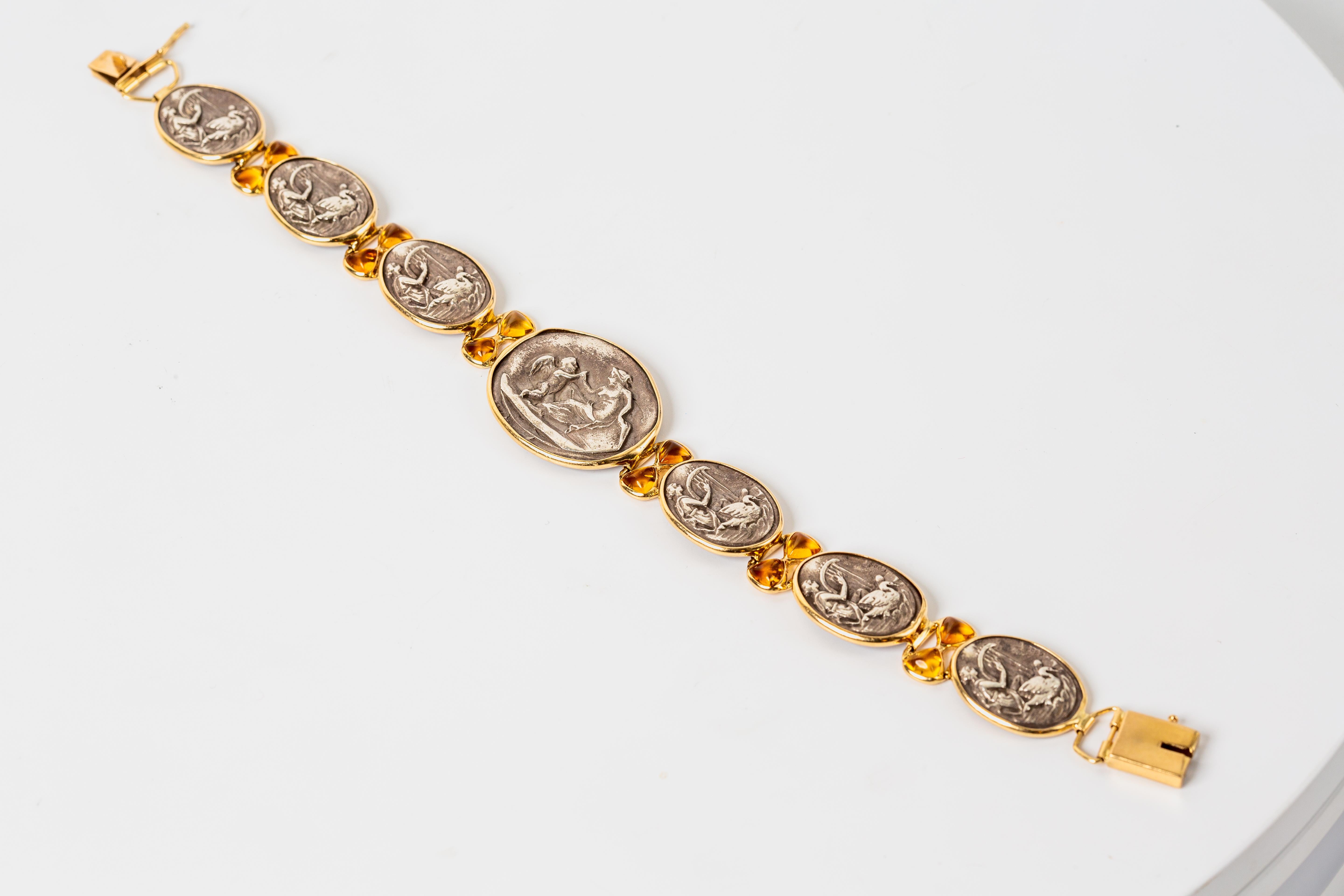 14k Yellow Gold & Sterling Silver Citrine Bracelet Ancient Greek Aphrodite Motif For Sale 2