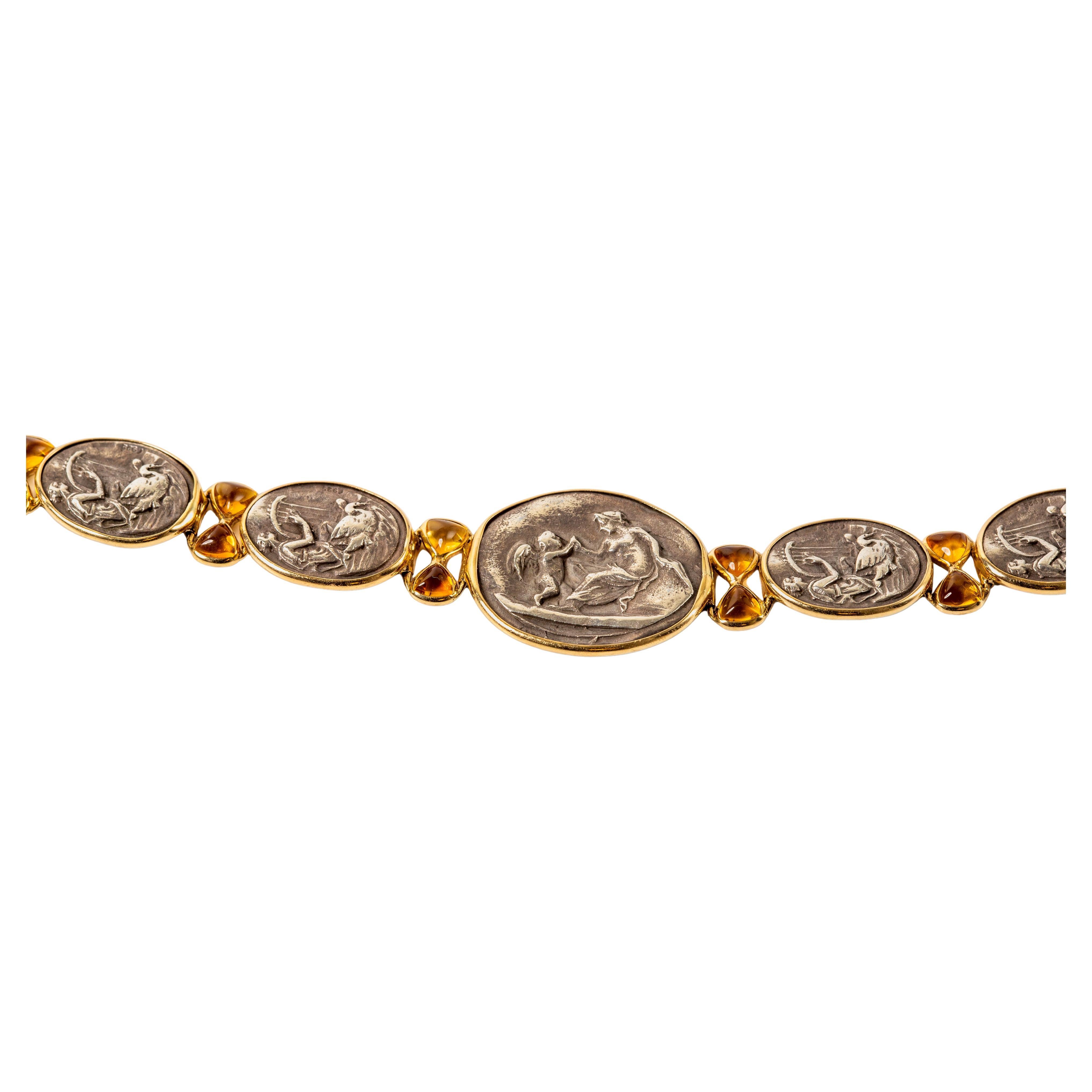 14k Yellow Gold & Sterling Silver Citrine Bracelet Ancient Greek Aphrodite Motif For Sale