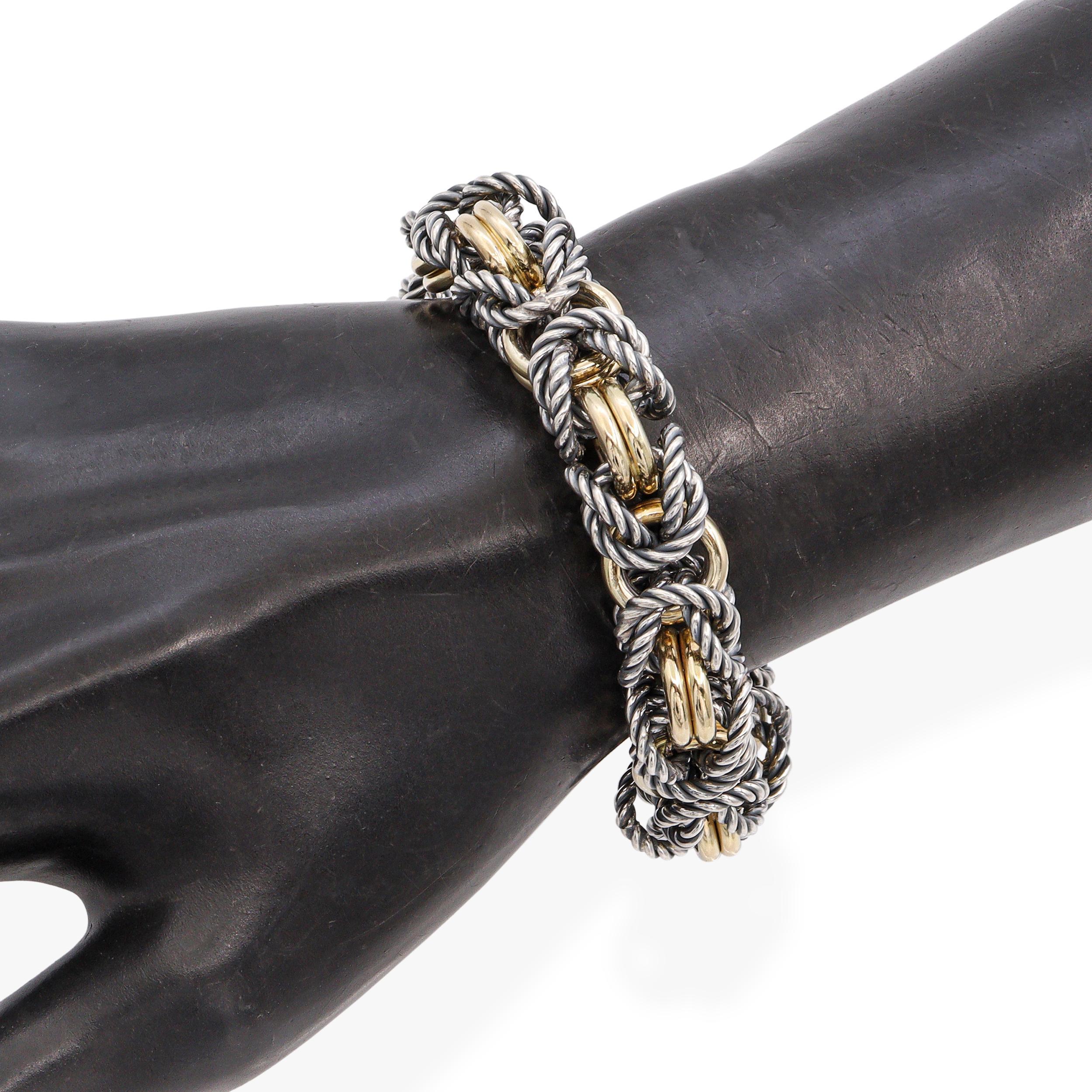 Taglio rotondo Braccialetto con maglie intrecciate in oro giallo 14 carati, argento sterling e diamanti in vendita