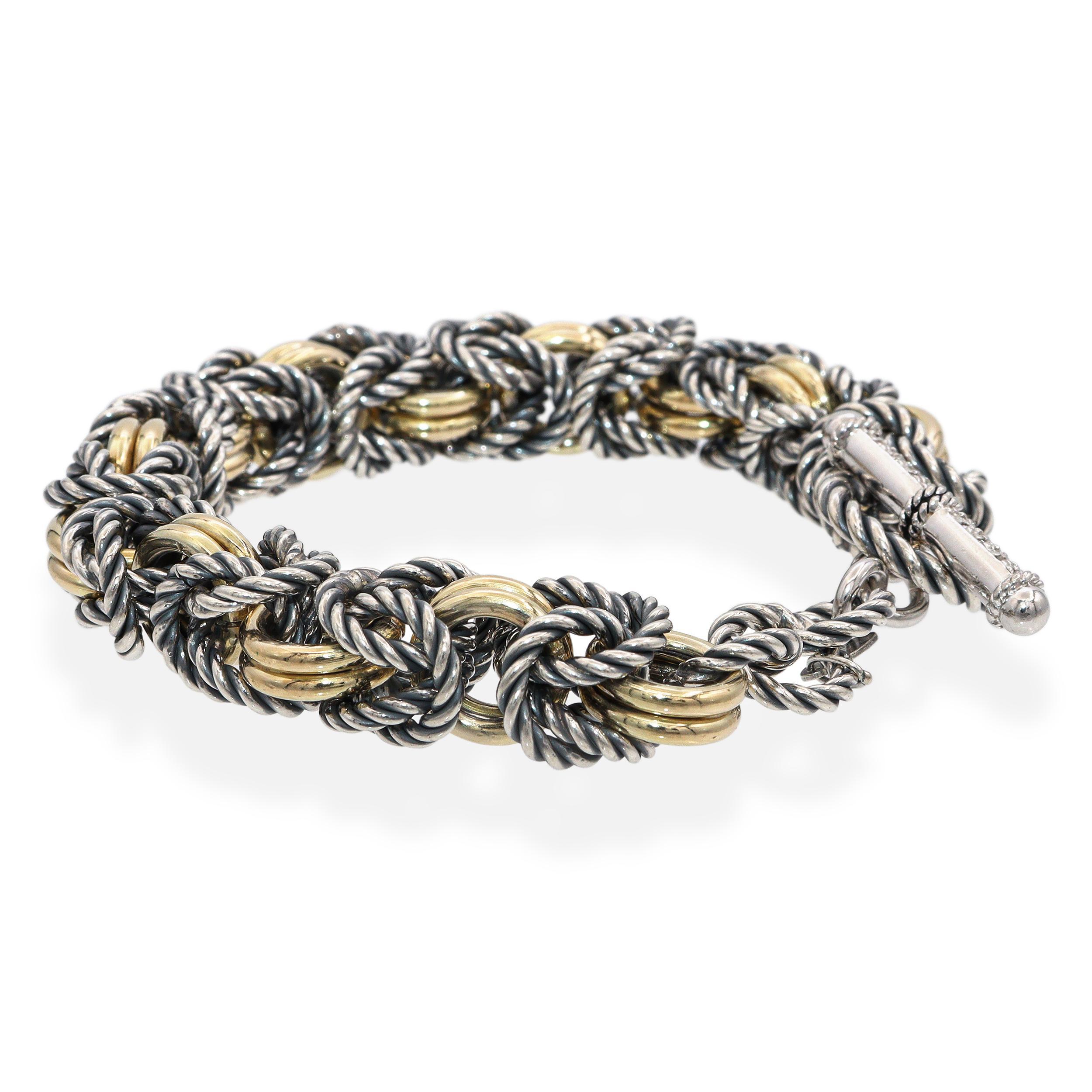 Braccialetto con maglie intrecciate in oro giallo 14 carati, argento sterling e diamanti In condizioni buone in vendita a New York, NY
