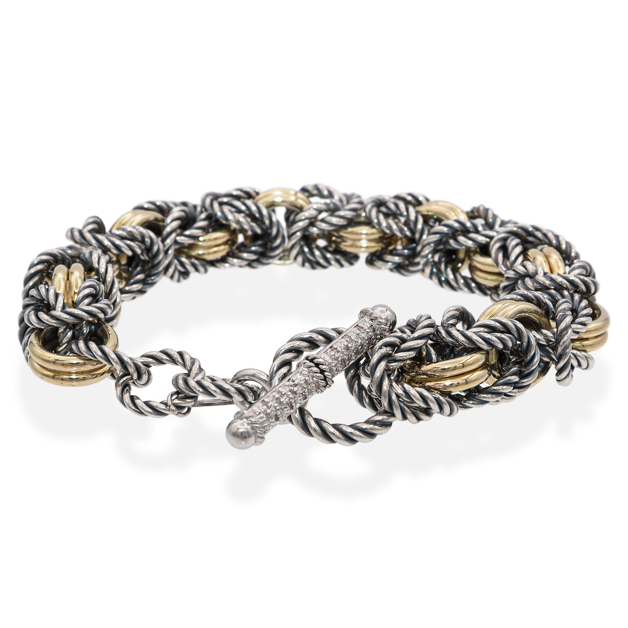 Donna Braccialetto con maglie intrecciate in oro giallo 14 carati, argento sterling e diamanti in vendita