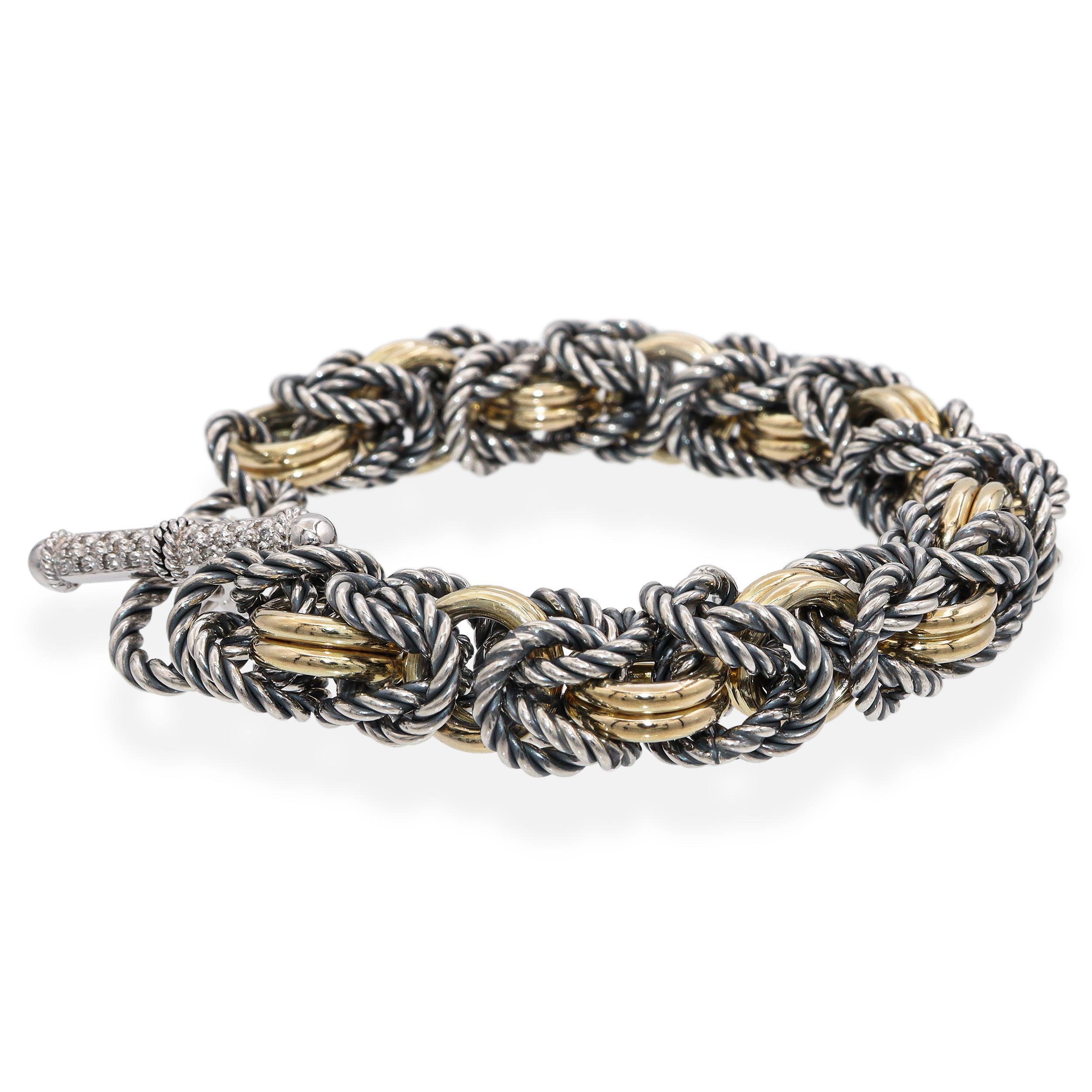 Braccialetto con maglie intrecciate in oro giallo 14 carati, argento sterling e diamanti in vendita 1