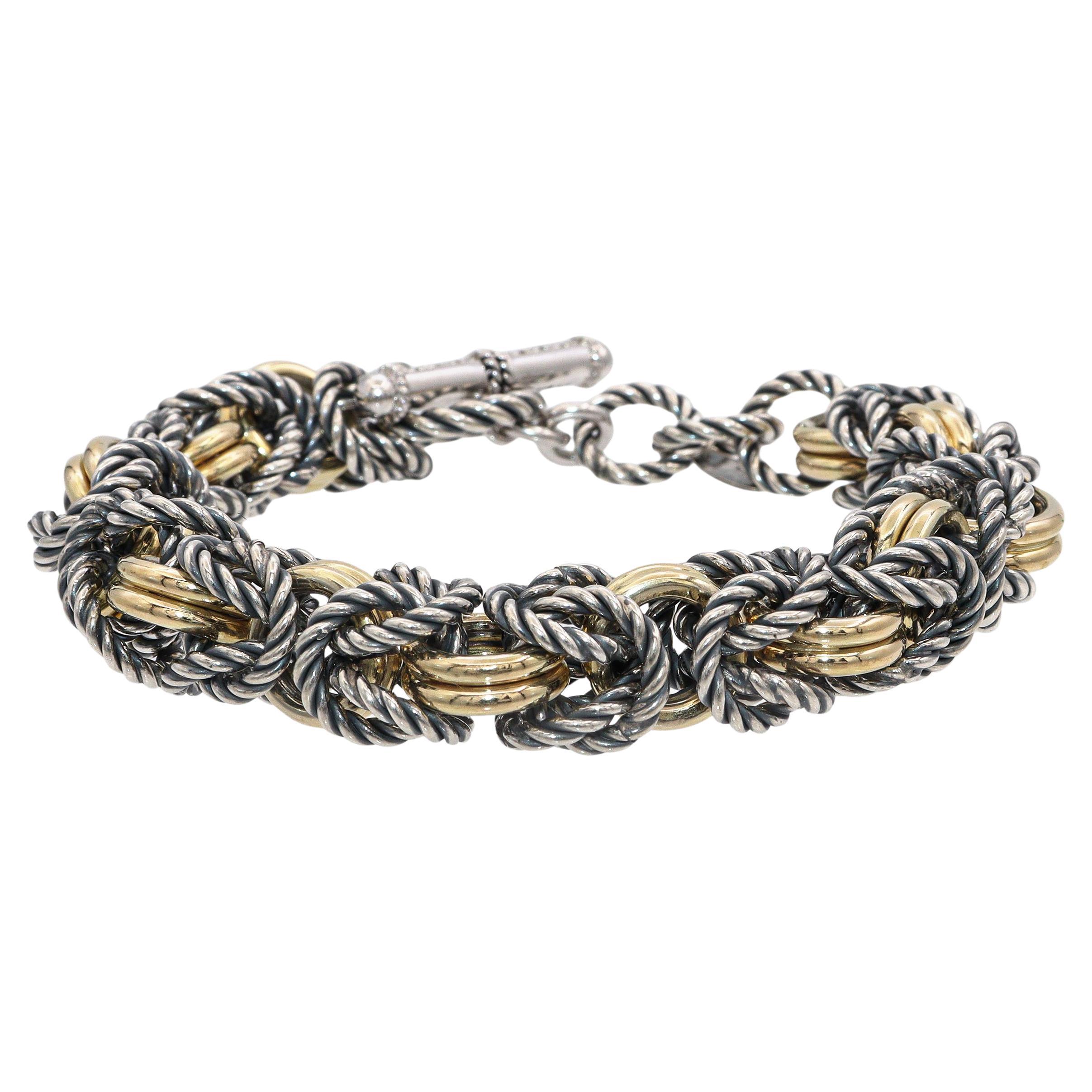 Braccialetto con maglie intrecciate in oro giallo 14 carati, argento sterling e diamanti in vendita