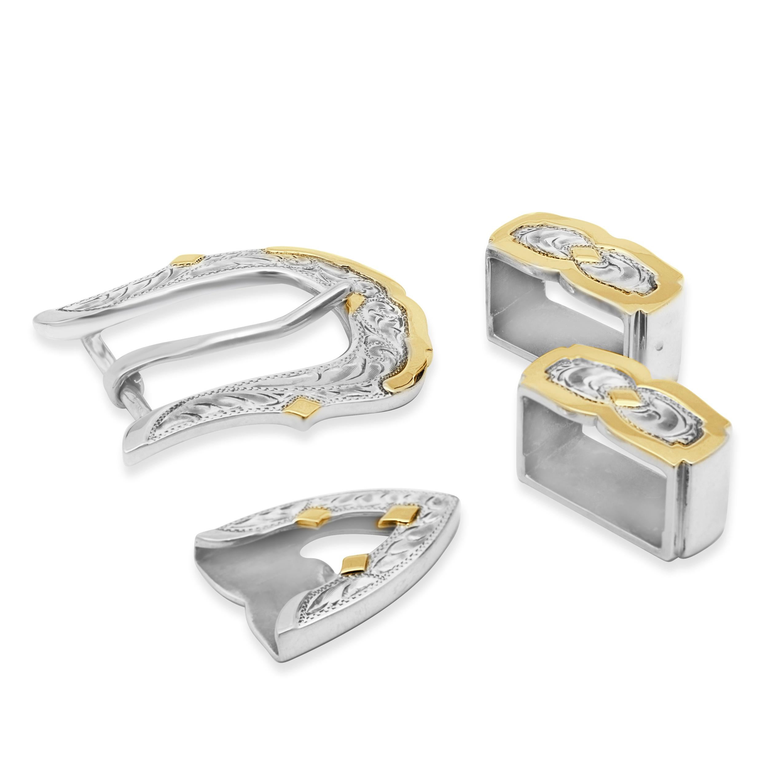 Boucle de ceinture en or jaune 14K et argent sterling sculptée à la main en vente