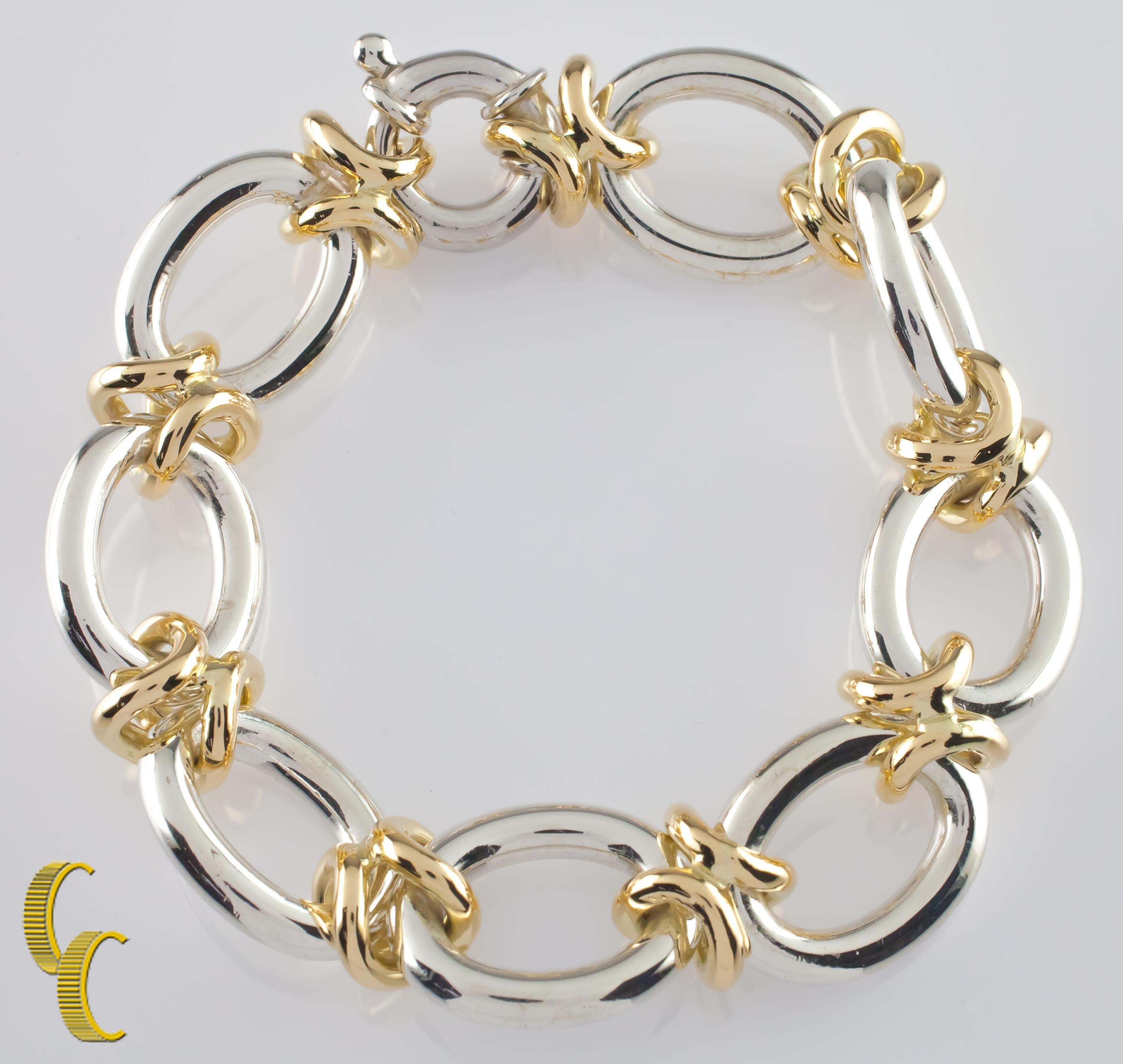 14 Karat Yellow Gold and Sterling Silver Heavy Link Bracelet 76.6 grams In Good Condition For Sale In Sherman Oaks, CA