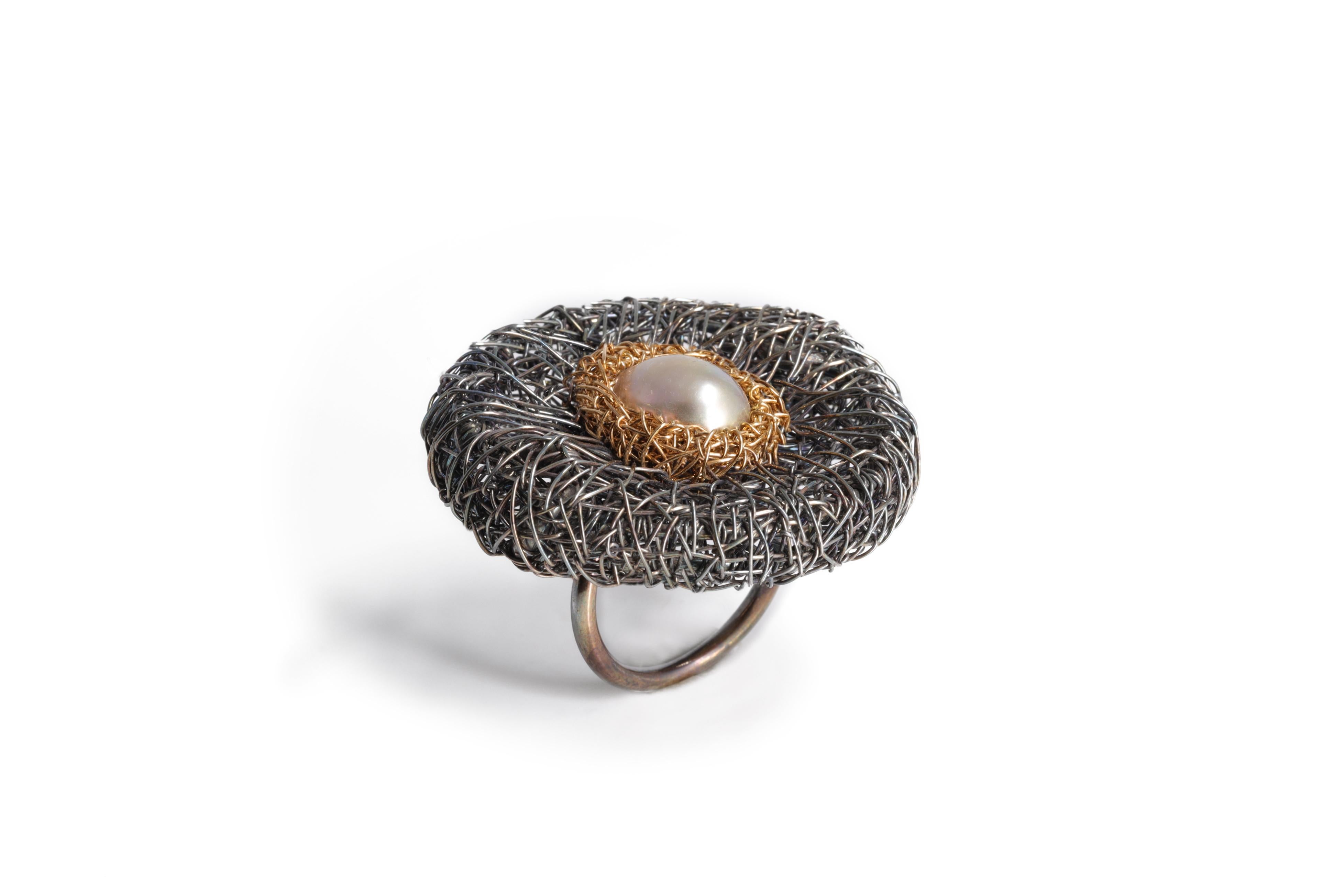 Contemporary 14 Karat Gold Sterling Silver Sweetwater Pearl Cocktail Ring by Sheila Westera