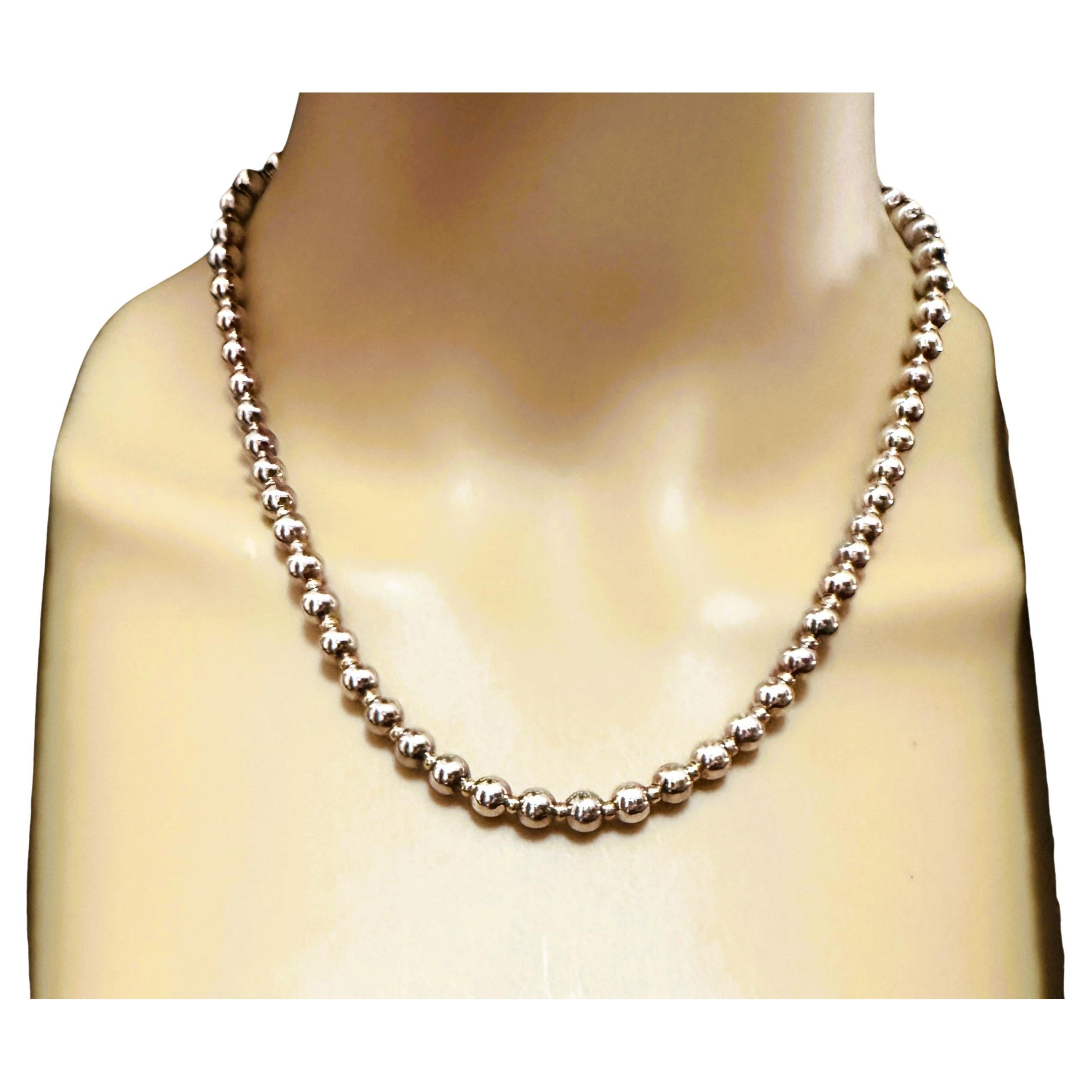 14k Yellow Gold & Sterling Silver Two-Tone Bead Necklace 18" For Sale