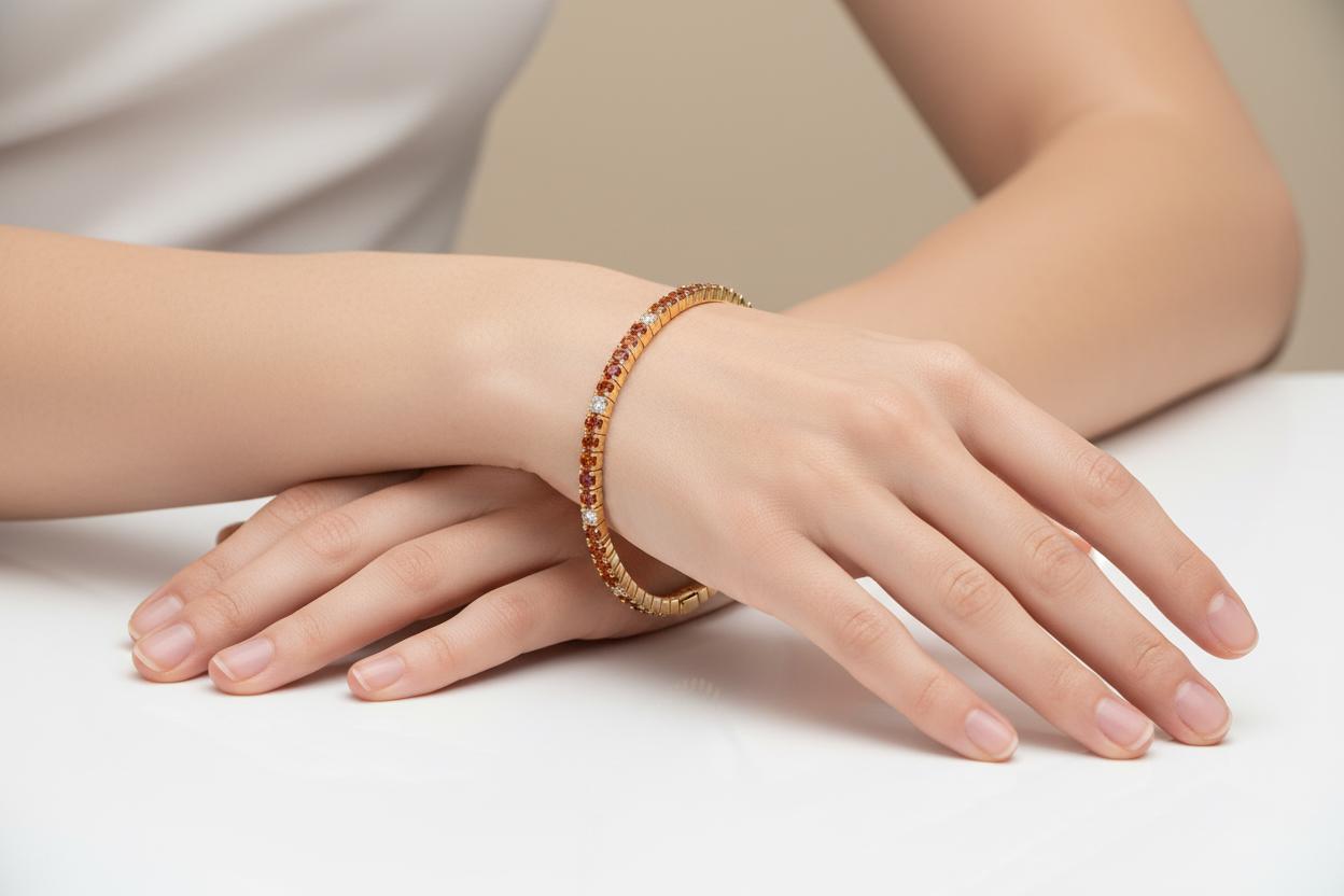 Donna Bracciale elastico in oro giallo 14K con diamanti Nature e zaffiro arancione in vendita