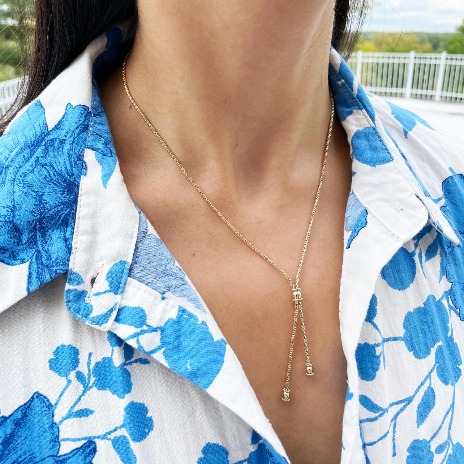 Our simple and subtle lariat will take your outfit over the top. 

14K Yellow Gold
Adjustable Chain Length: 17 inches 
Lobster Clasp


All Alberto pieces are made in the U.S.A and come with a lifetime warranty!

Established in 1985 in Great Neck,