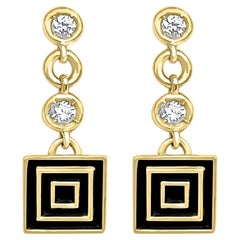 14K Yellow Gold Stud Drop Earrings Black Enamel
