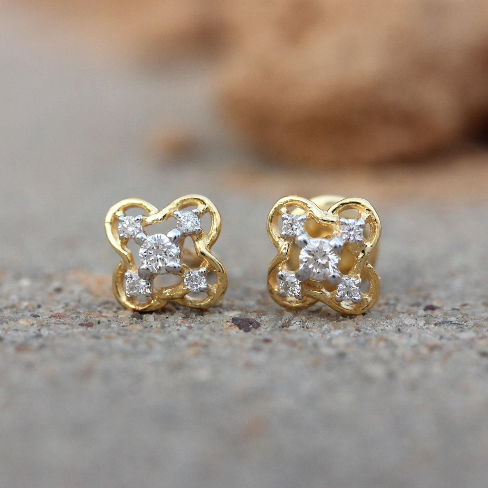 14k Yellow Gold Stud Earrings Natural Pave Diamond Studs Unique Anniversary Gift For Sale 2