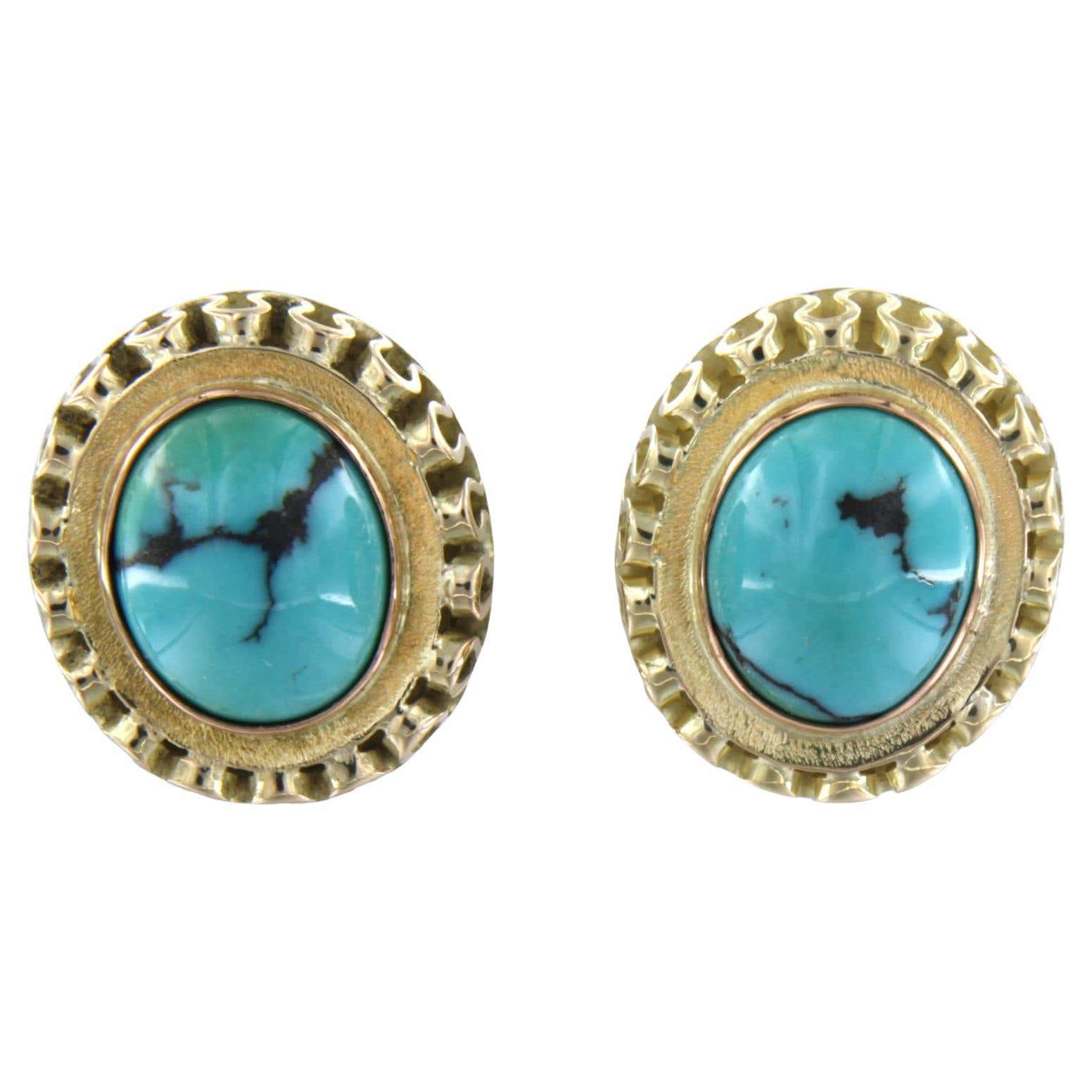 14k yellow gold stud earrings set with turquoise - size. 1.9cm x 1.7cm 