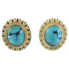 Antique 14k yellow gold stud earrings set with turquoise - size. 1.9cm x 1.7cm 
