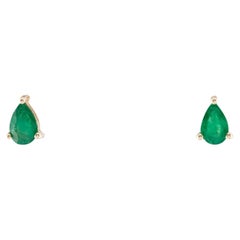 14K Yellow Gold Stud Earrings with 0.62 Carat Pear Modified Brilliant Emeralds