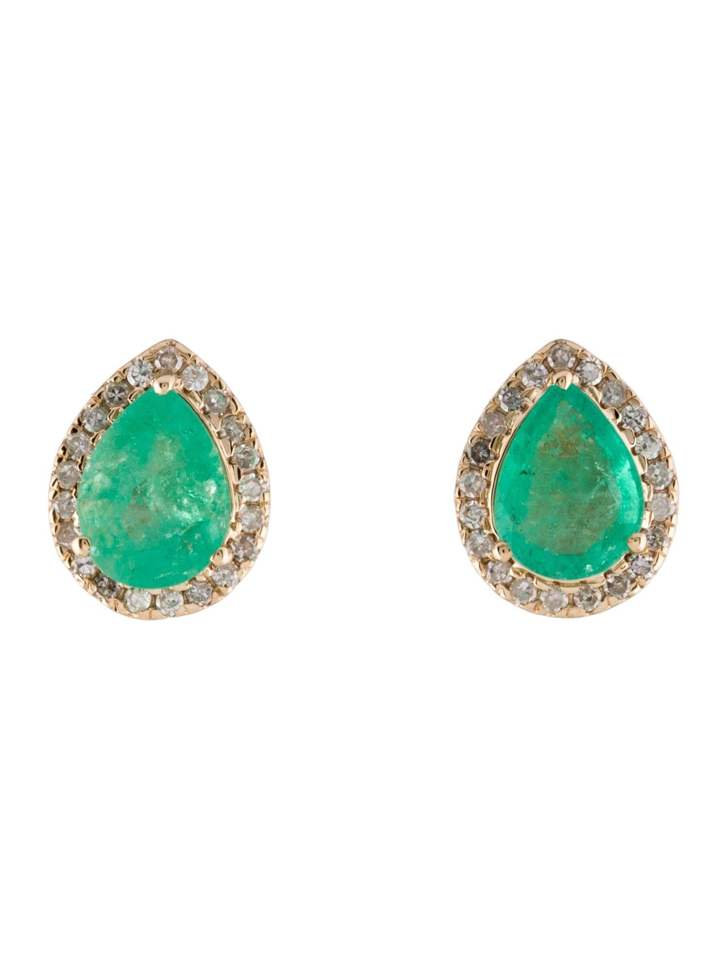 Introducing our exquisite 14K Yellow Gold Stud Earrings, showcasing the natural beauty of 1.86 carats of faceted pear-shaped Emeralds, complemented by the subtle sparkle of 42 near colorless, single-cut Diamonds totaling 0.28 carats. These earrings