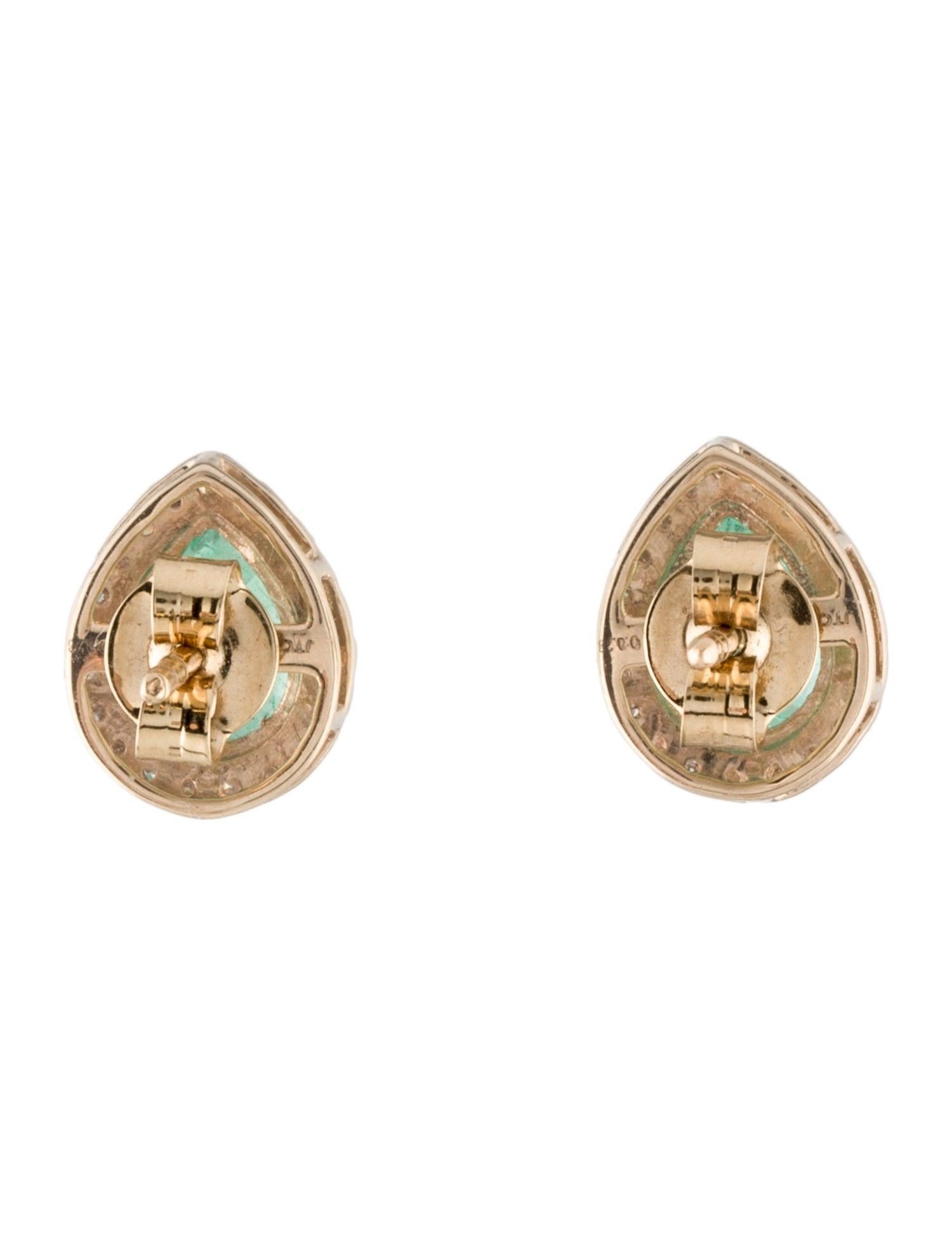 Pear Cut 14K Yellow Gold Stud Earrings with 1.86ct Pear Shaped Emeralds and Diamond For Sale