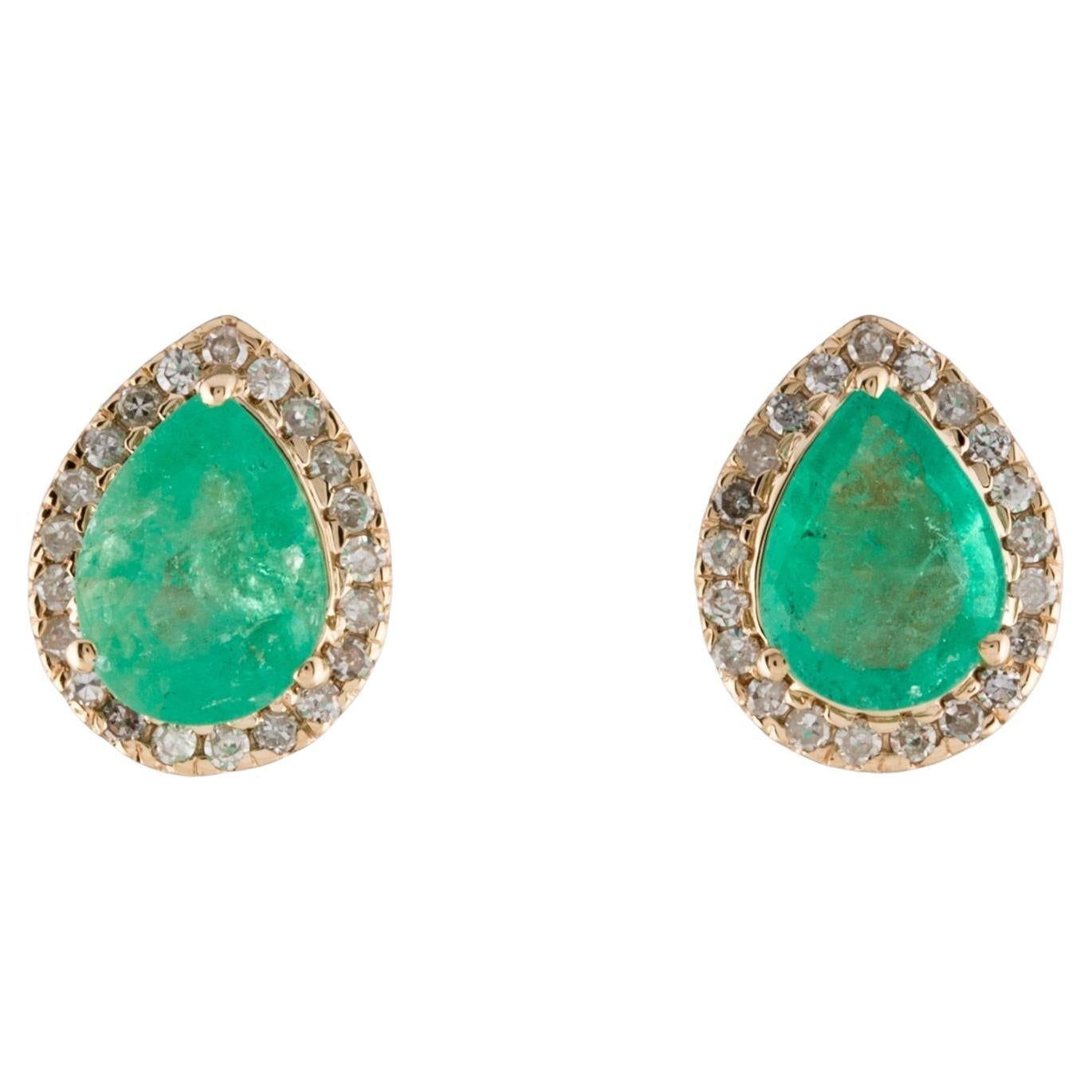 14K Yellow Gold Stud Earrings with 1.86ct Pear Shaped Emeralds and Diamond For Sale
