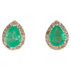 14K Yellow Gold Stud Earrings with 1.86ct Pear Shaped Emeralds and Diamond