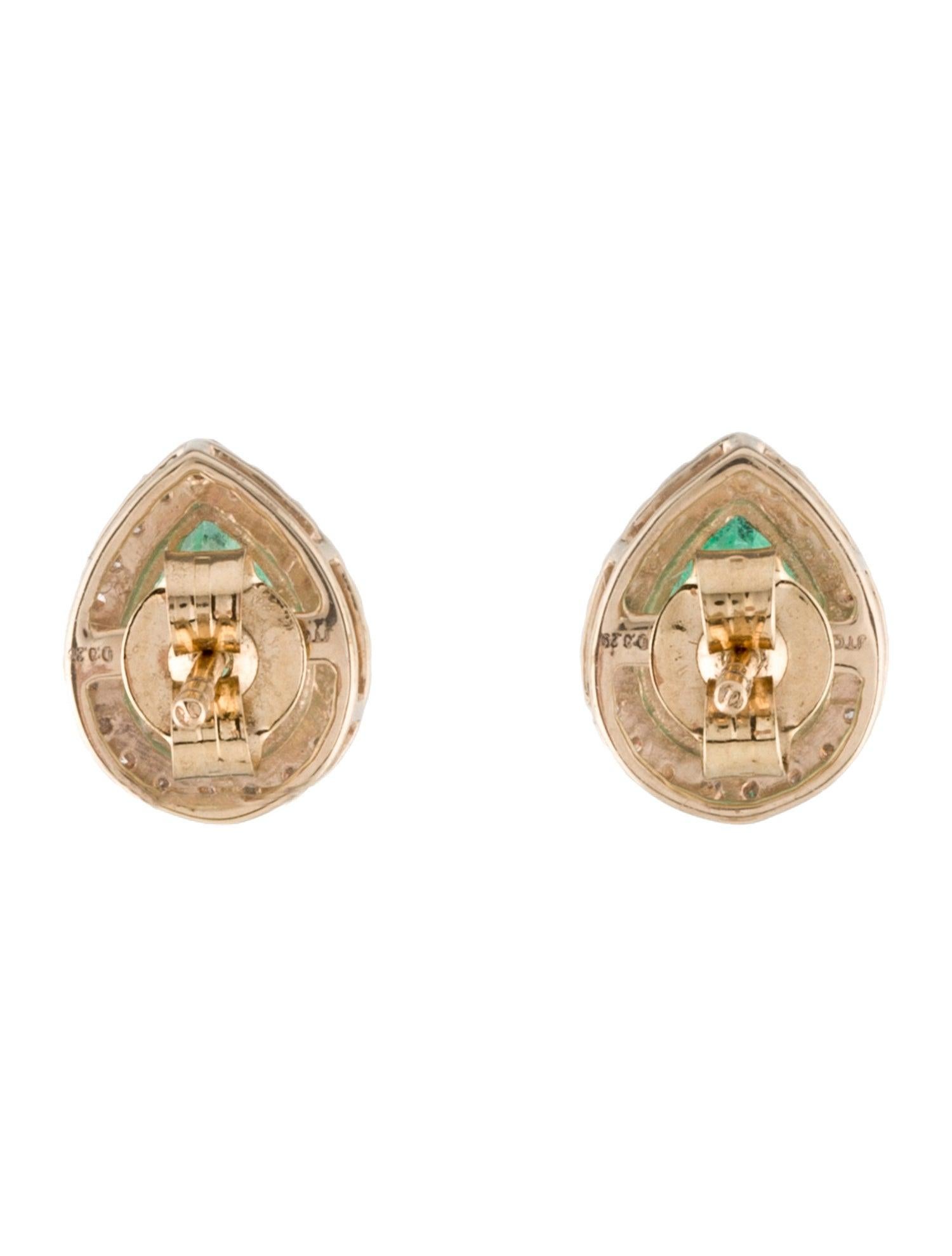 Pear Cut 14K Yellow Gold Stud Earrings with 2.06ct Pear-Shaped Emeralds and Diamond For Sale