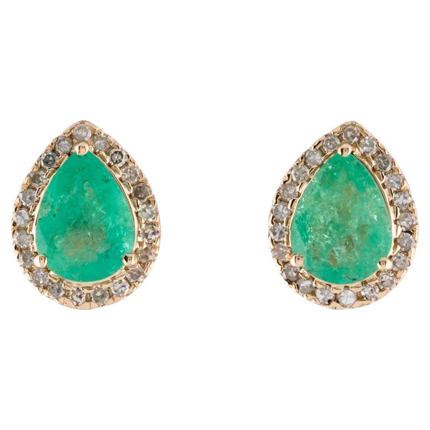 14K Yellow Gold Stud Earrings with 2.06ct Pear-Shaped Emeralds and Diamond For Sale