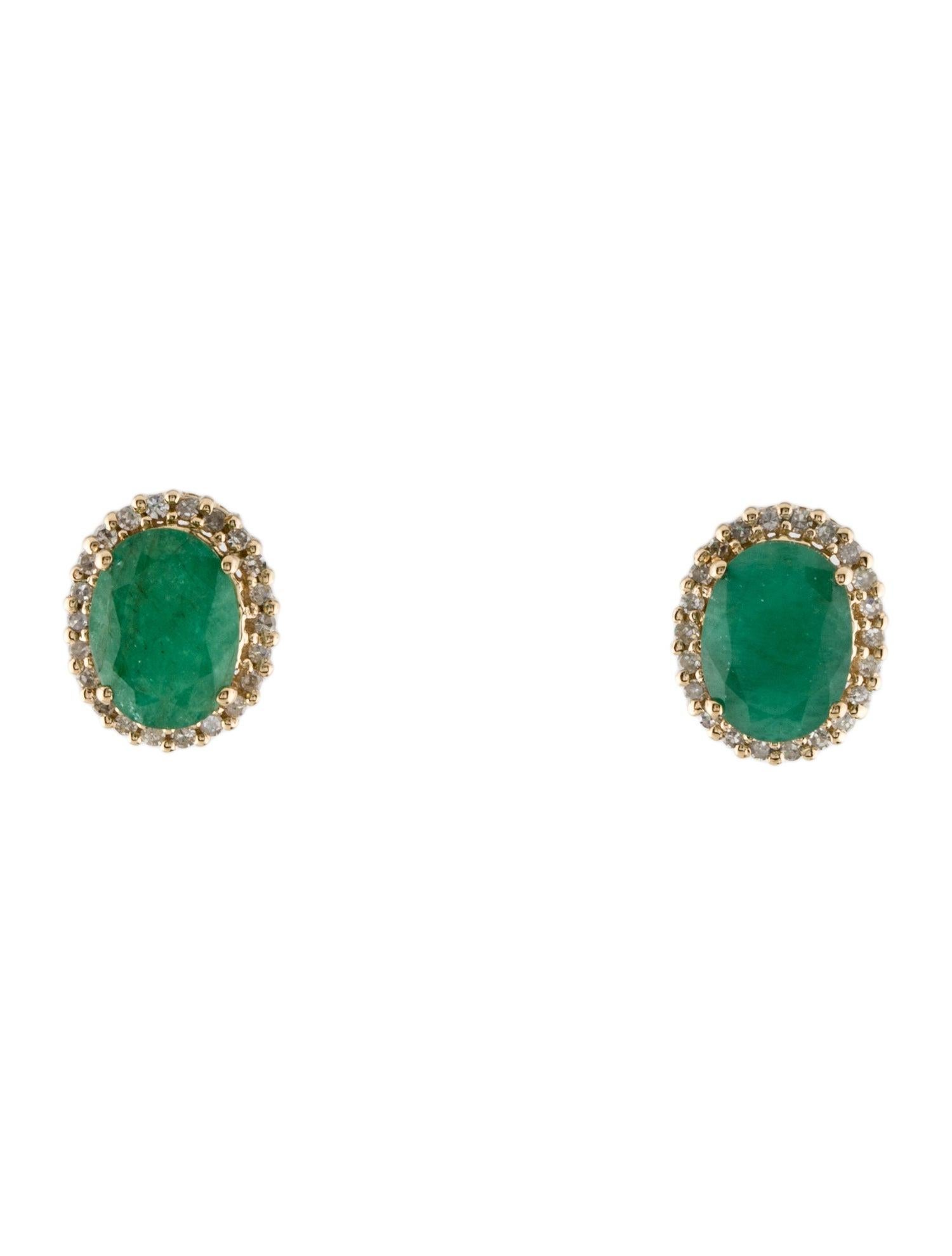 Introducing our luxurious 14K Yellow Gold Stud Earrings, featuring two oval modified brilliant Emeralds totaling 2.08 carats, complemented by forty-four near colorless, single-cut diamonds with a total carat weight of 0.17. These earrings elegantly