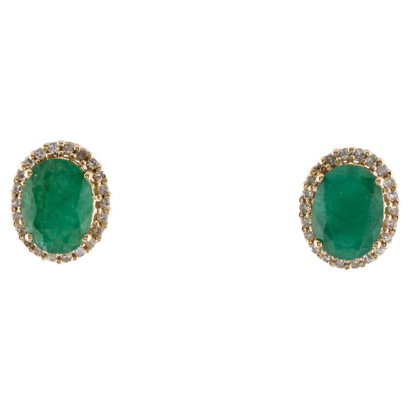 14K Yellow Gold Stud Earrings with 2.08ctw Oval Emeralds and Diamond Accents For Sale