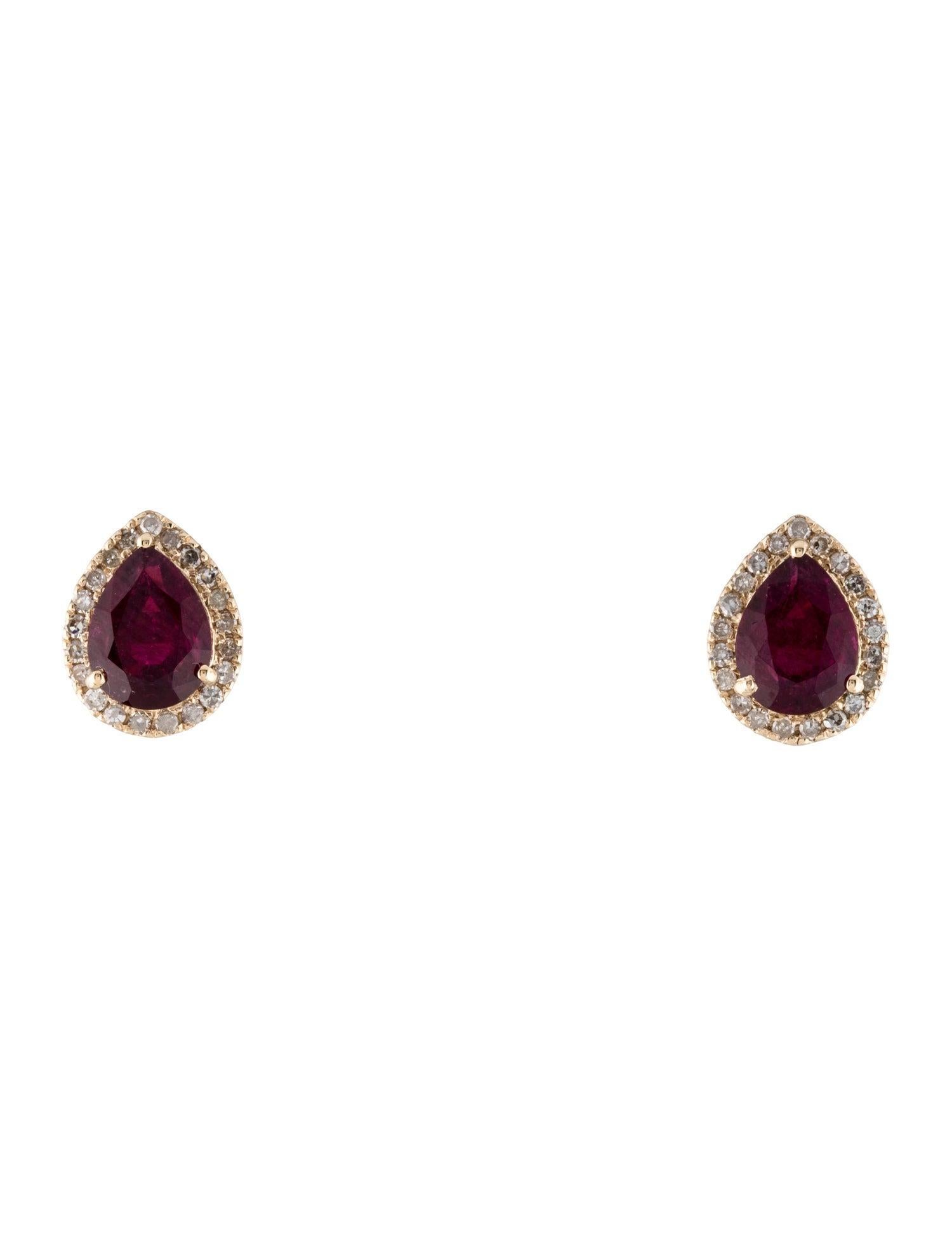 Elevate your elegance with these stunning 14K Yellow Gold Stud Earrings, featuring the vibrant allure of 2.25 carats of faceted pear-shaped Tourmaline in enchanting shades of red and pink. Complemented by forty-two near colorless, single-cut