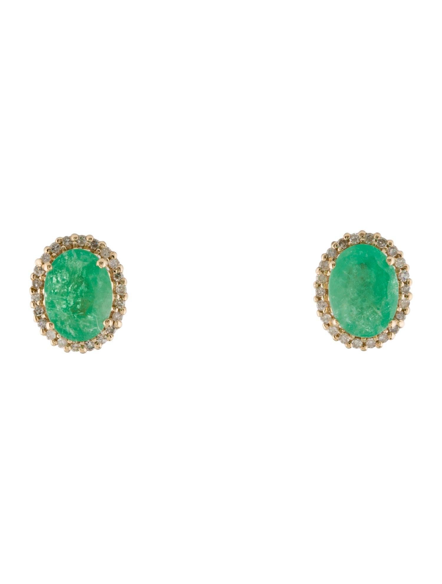 Introducing our exquisite 14K Yellow Gold Stud Earrings, featuring the luxurious blend of oval modified brilliant emeralds complemented by dazzling near colorless diamonds. These earrings showcase the timeless beauty of emeralds, set against the